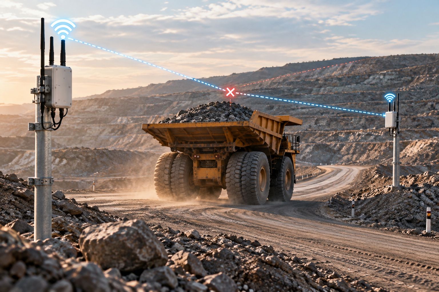 A haul vehicle obstructing the direct path between two generic radio installations