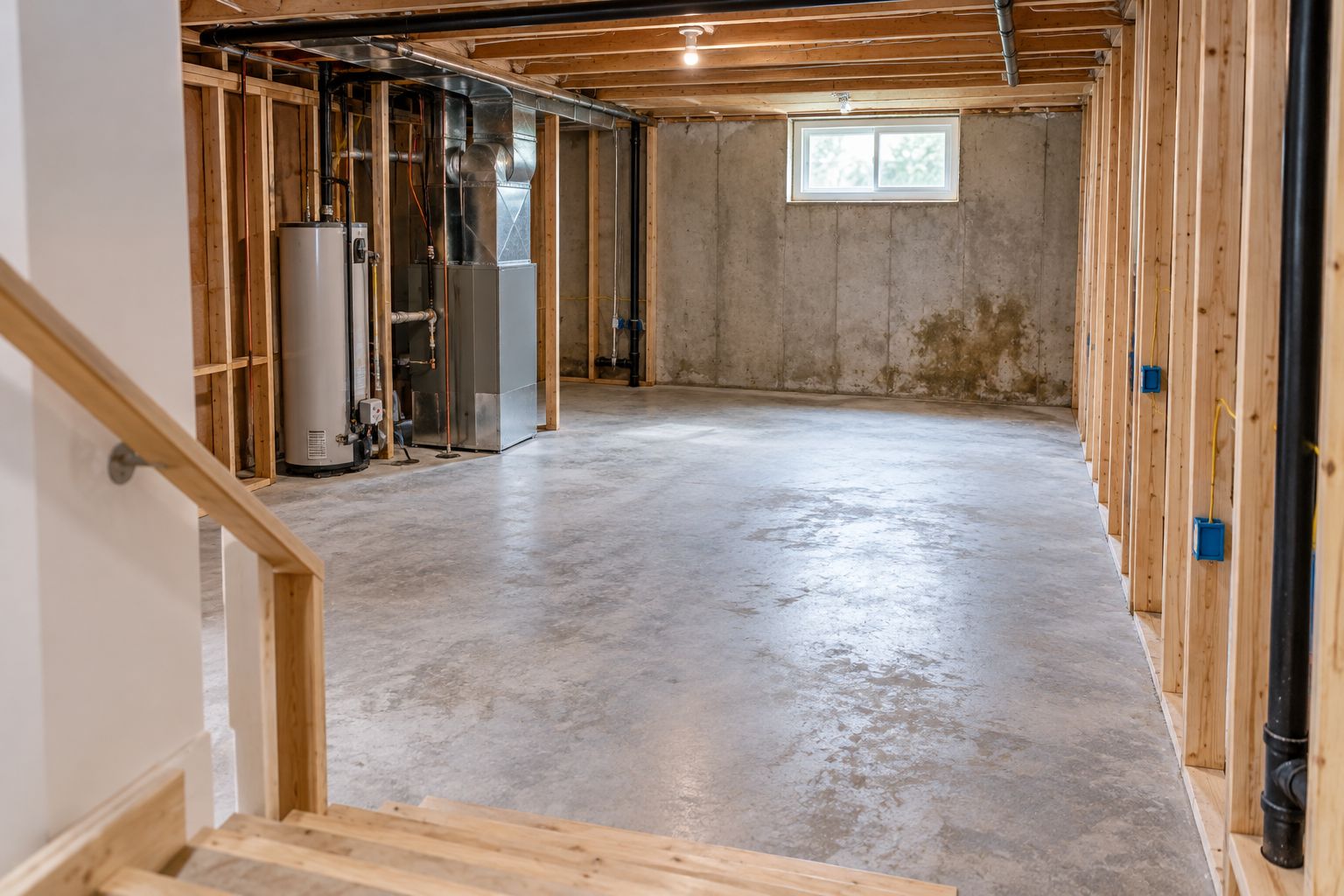 Unfinished basement with exposed framing and utilities available for inspection