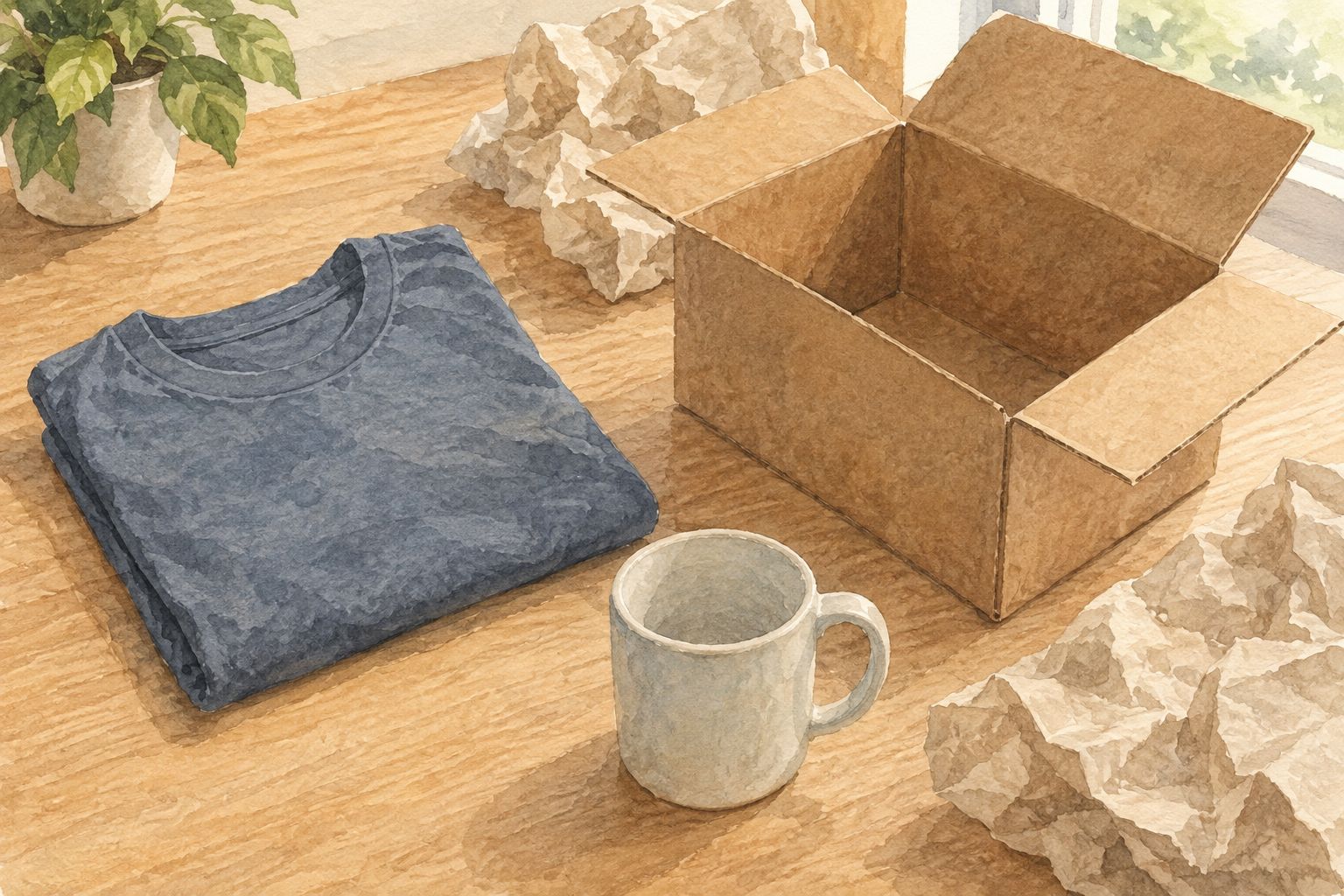 A plain t-shirt, mug, shipping box, and packing paper arranged for an arrival inspection.
