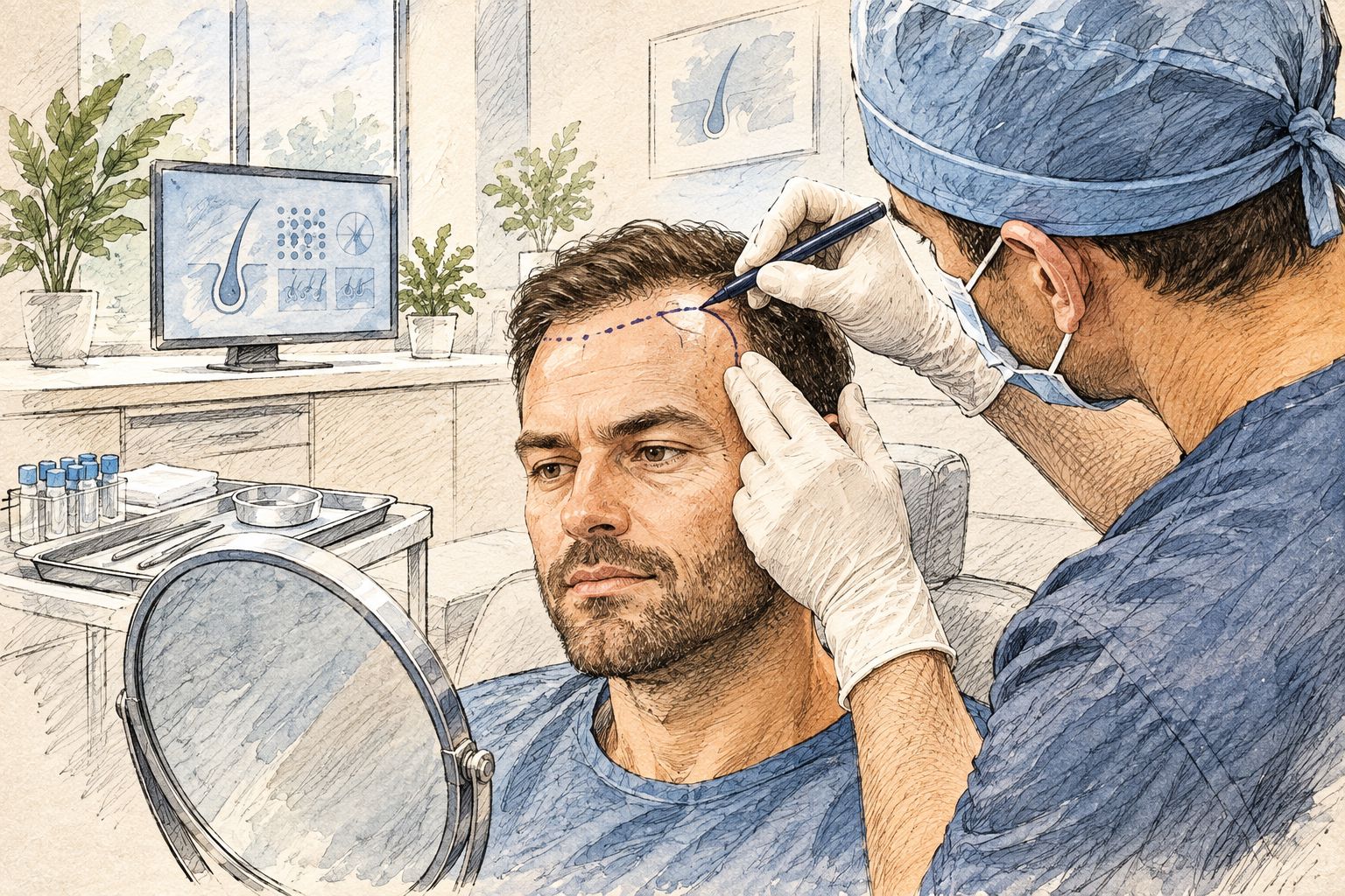 Surgeon marking a hairline design on a patient before a transplant consultation
