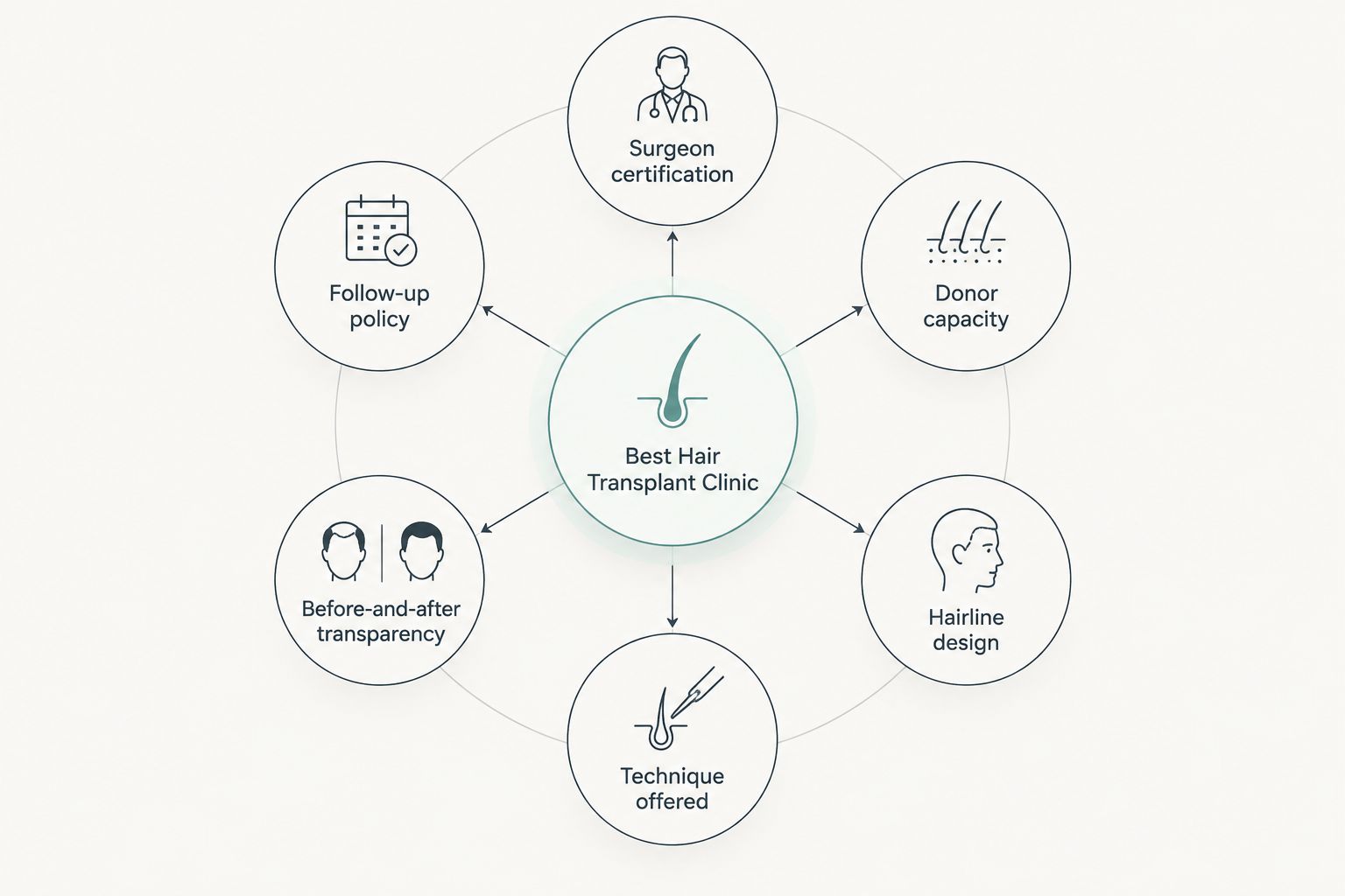 Six criteria orbiting a central hub for ranking hair transplant clinics