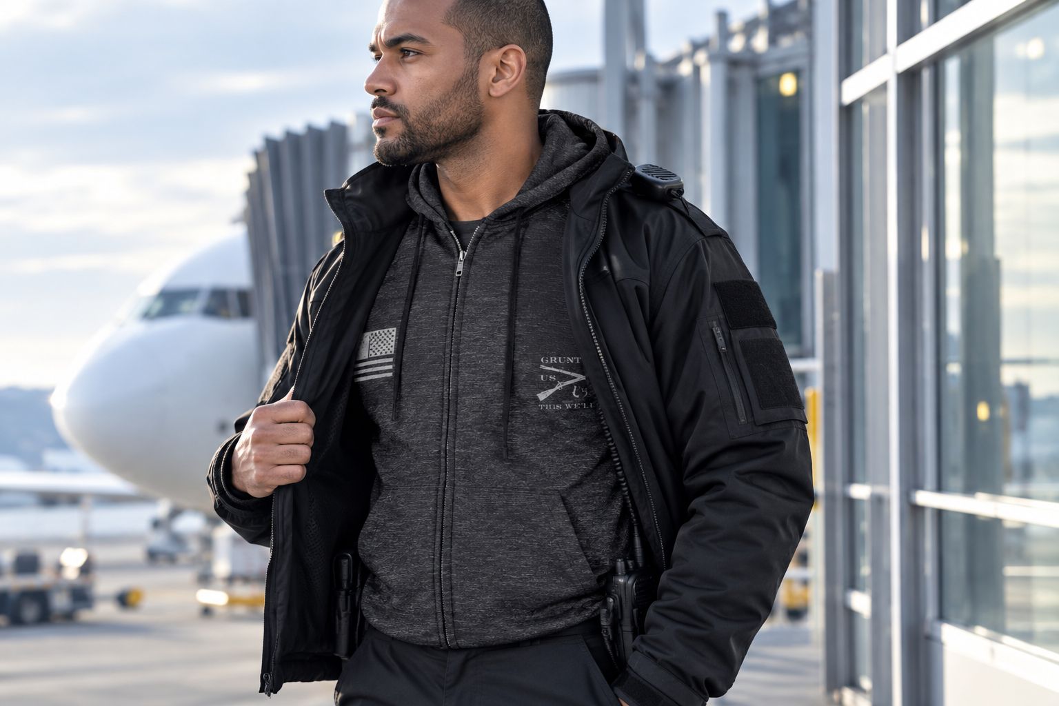 Transportation security worker layering a full-zip hoodie under a duty jacket at a jet bridge