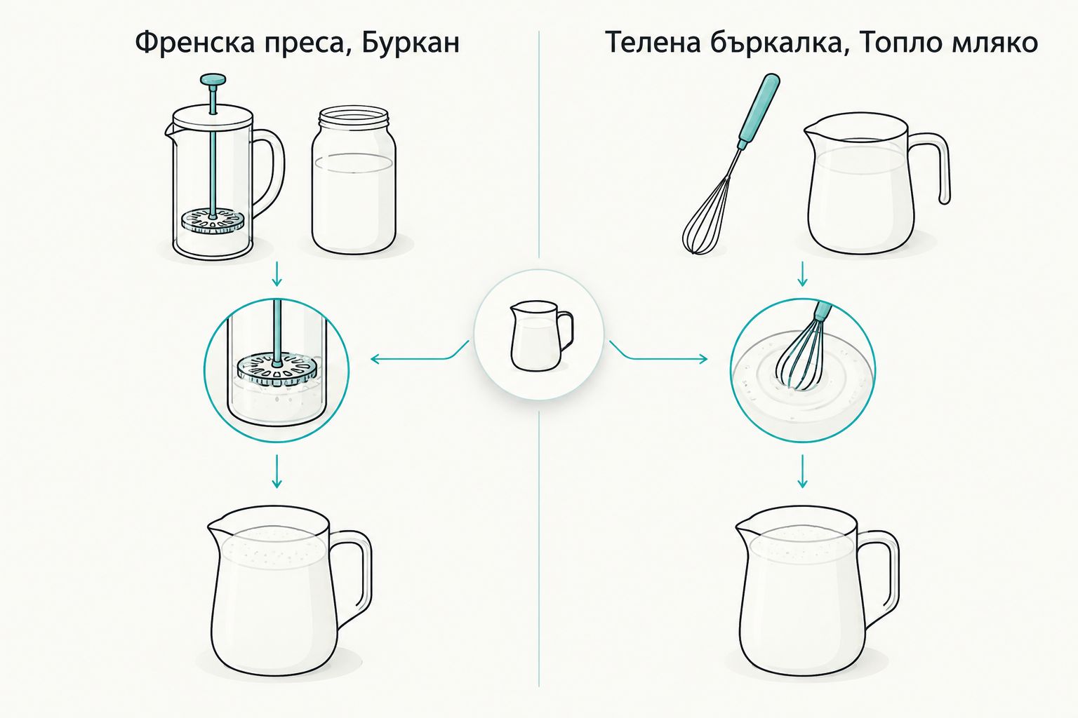 Сравнение на френска преса, буркан, телена бъркалка и топло мляко за домашно лате