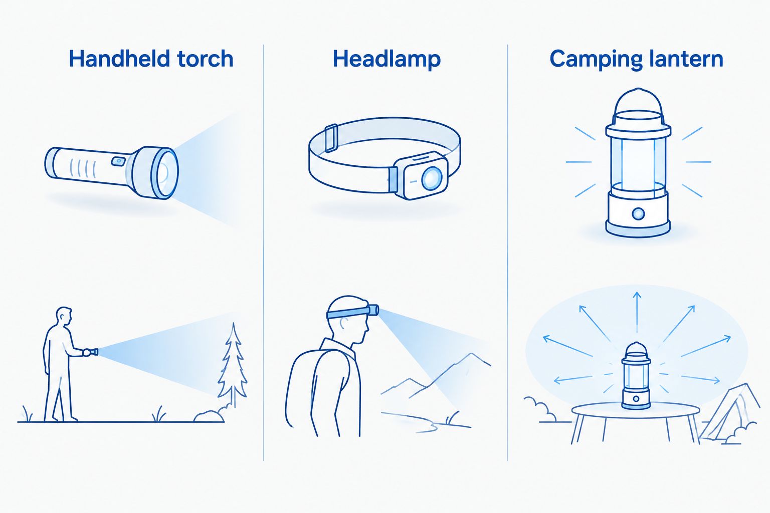 Comparison of a handheld torch, headlamp and camping lantern