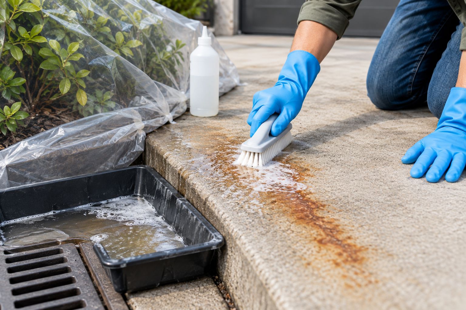 Technician applying controlled rust treatment to concrete with runoff containment in place