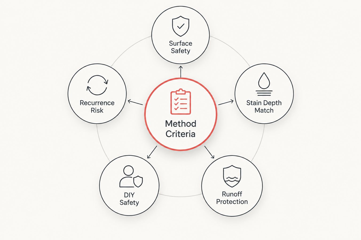 Diagram showing five criteria used to rank rust stain removal methods for concrete