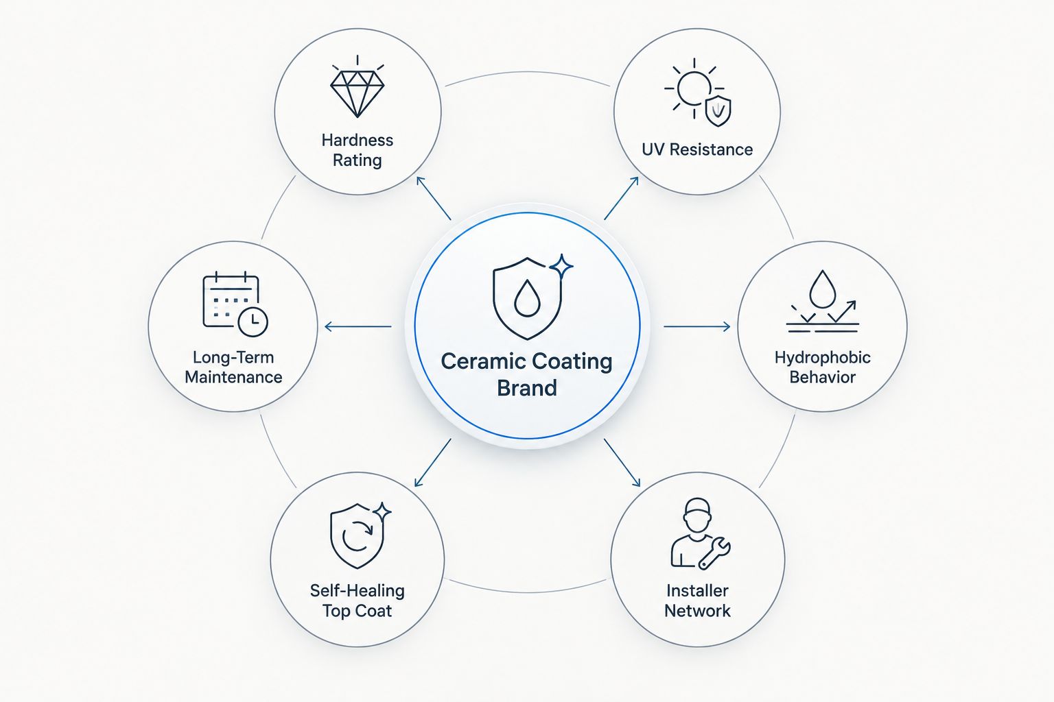 Diagram showing six criteria that define the best ceramic coating brands