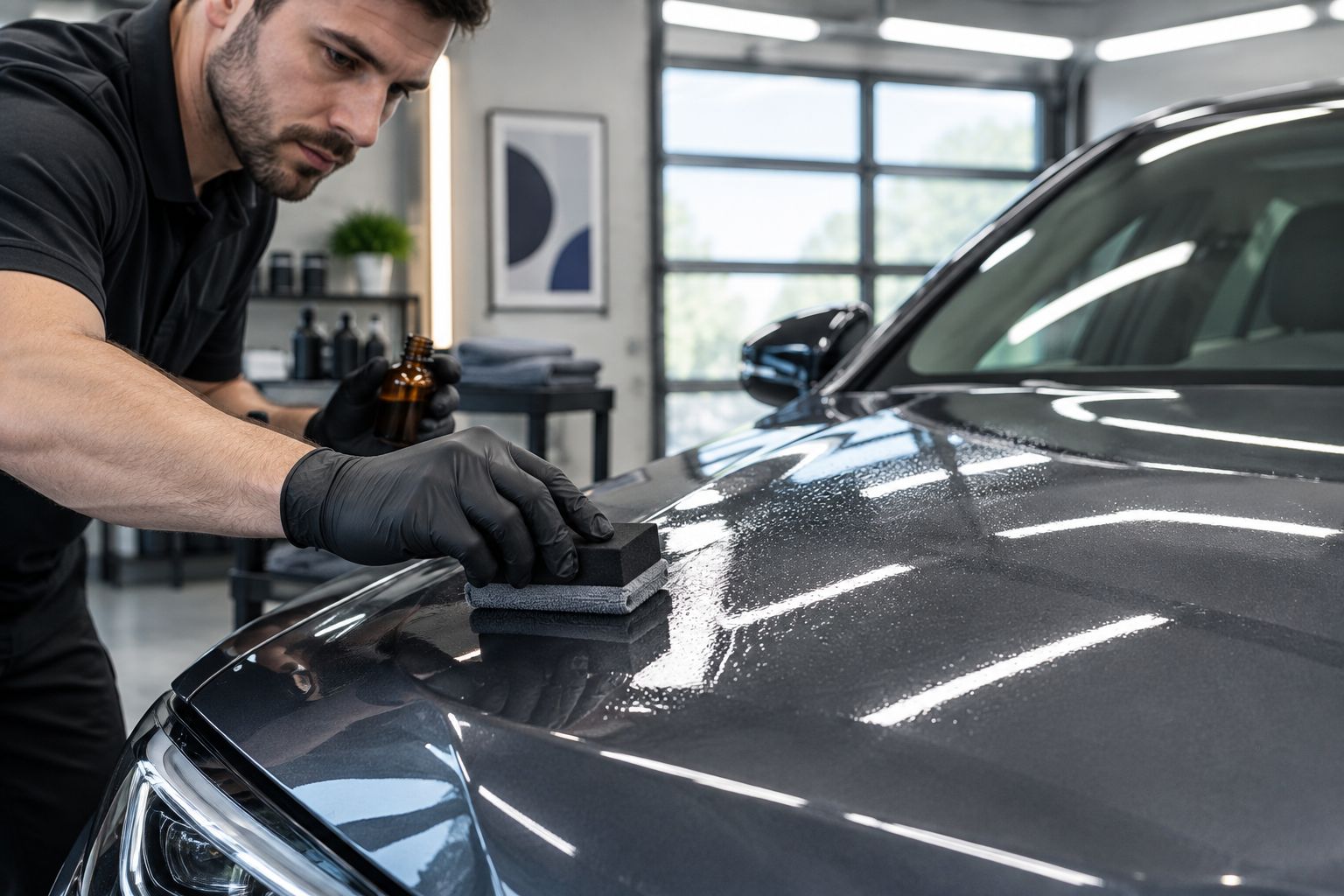 Detailer applying ceramic coating to a car hood in a garage bay