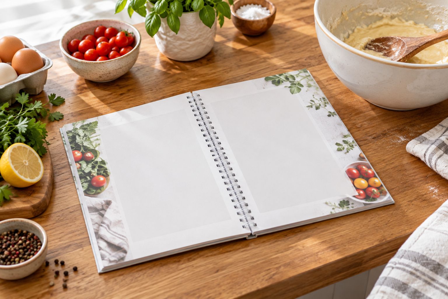Plastic-coil recipe book open flat beside a bowl on a kitchen countertop