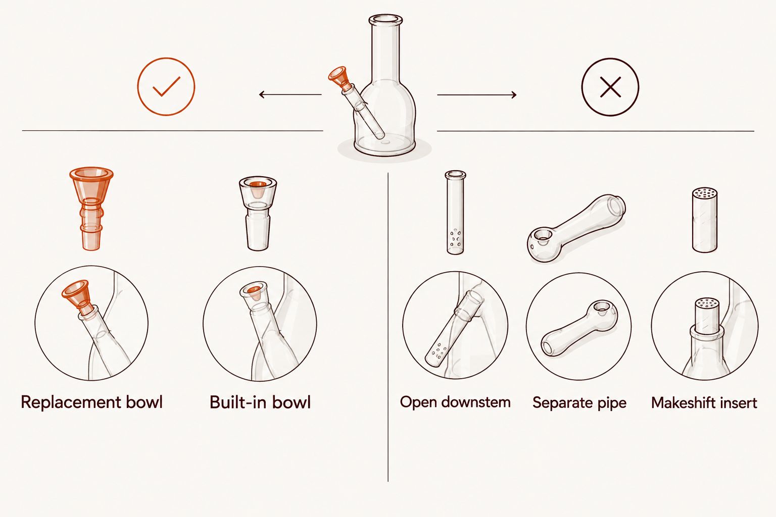 Comparison of replacement and built-in bowls with an open downstem, separate pipe and makeshift insert