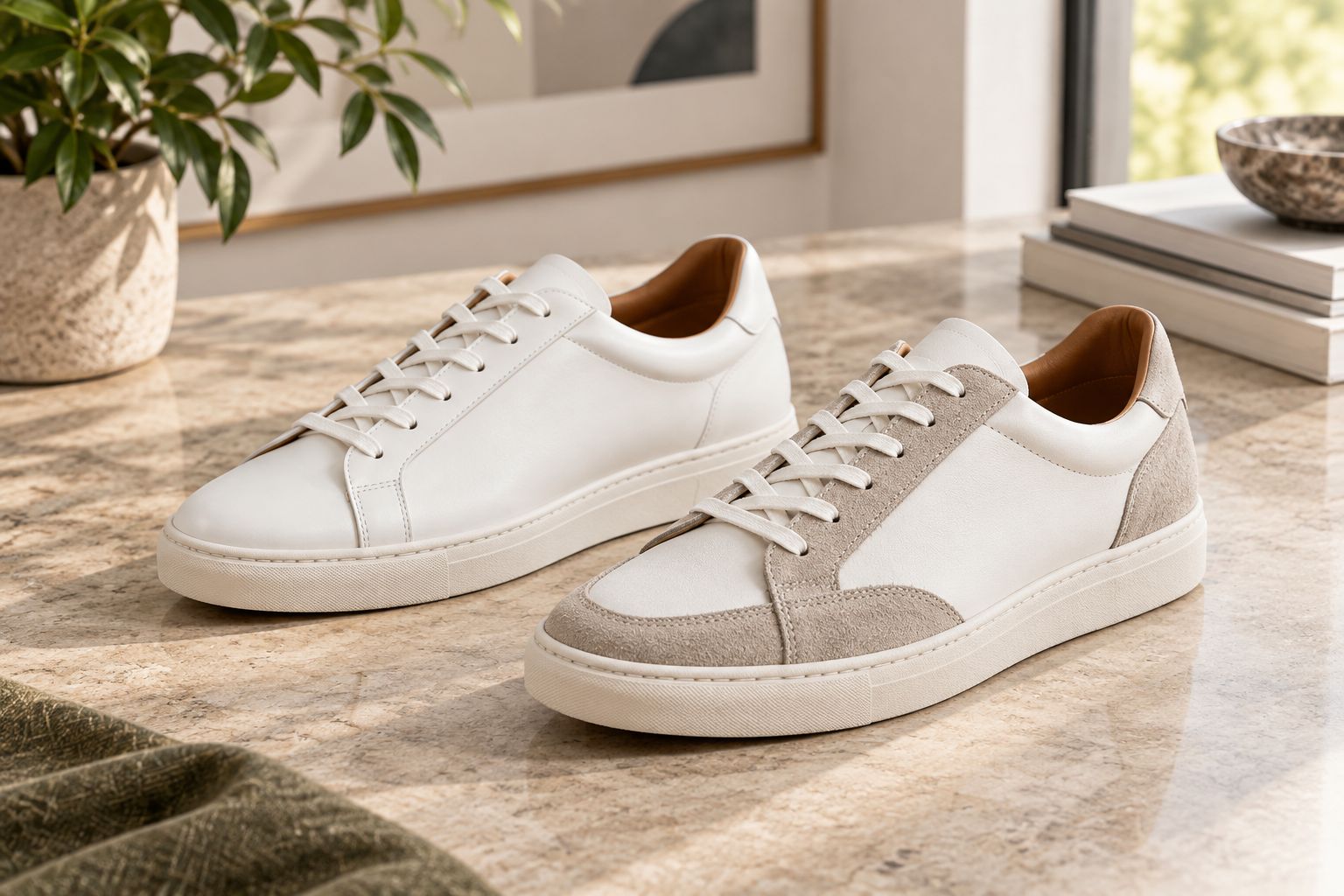 Unbranded sneakers showing smooth leather beside a leather-and-suede upper