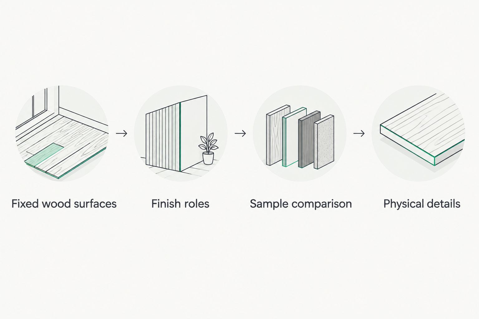 Planning sequence from existing wood surfaces to finish roles, sample comparison, and panel details