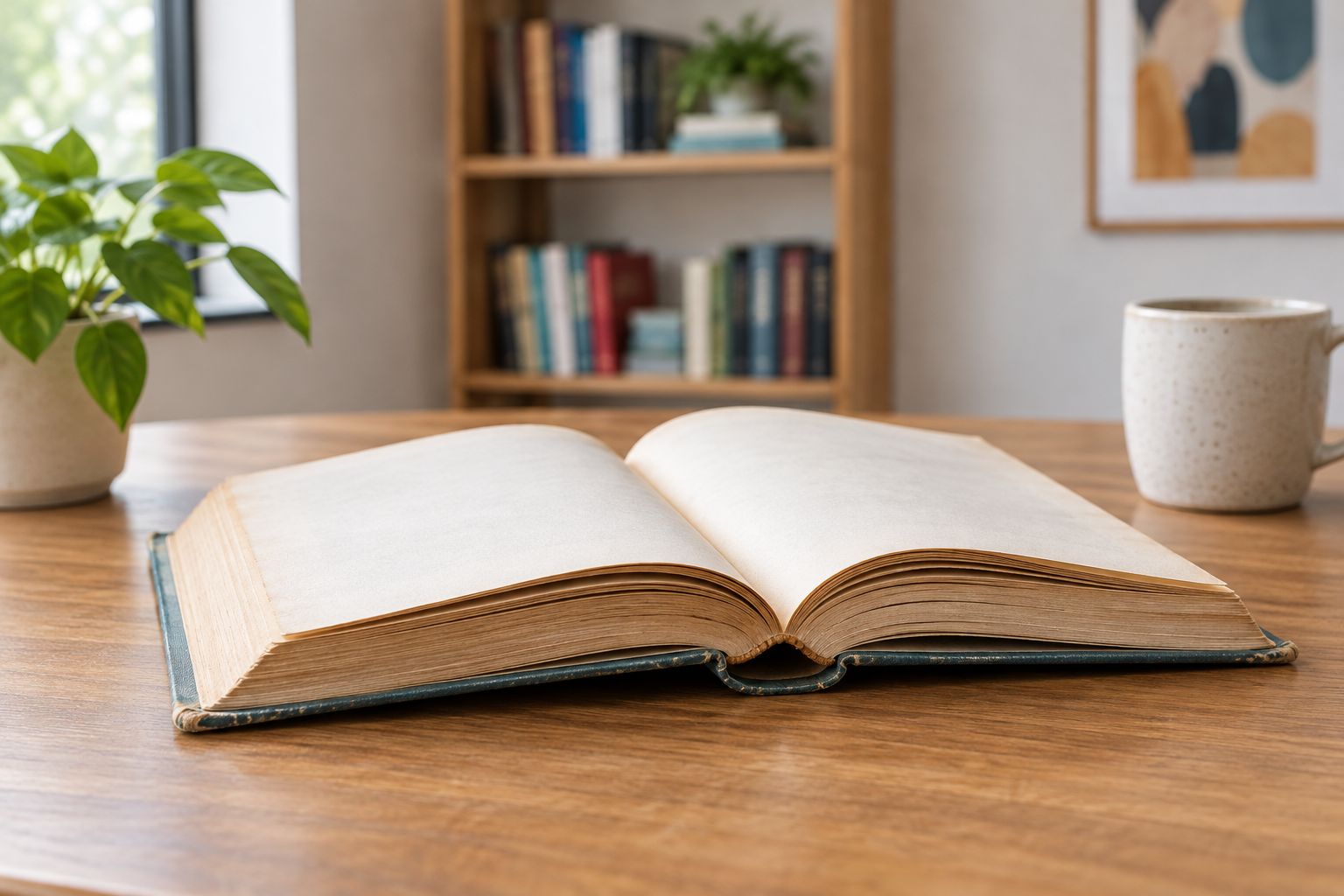 An open used book showing its binding, page edges, and worn cover