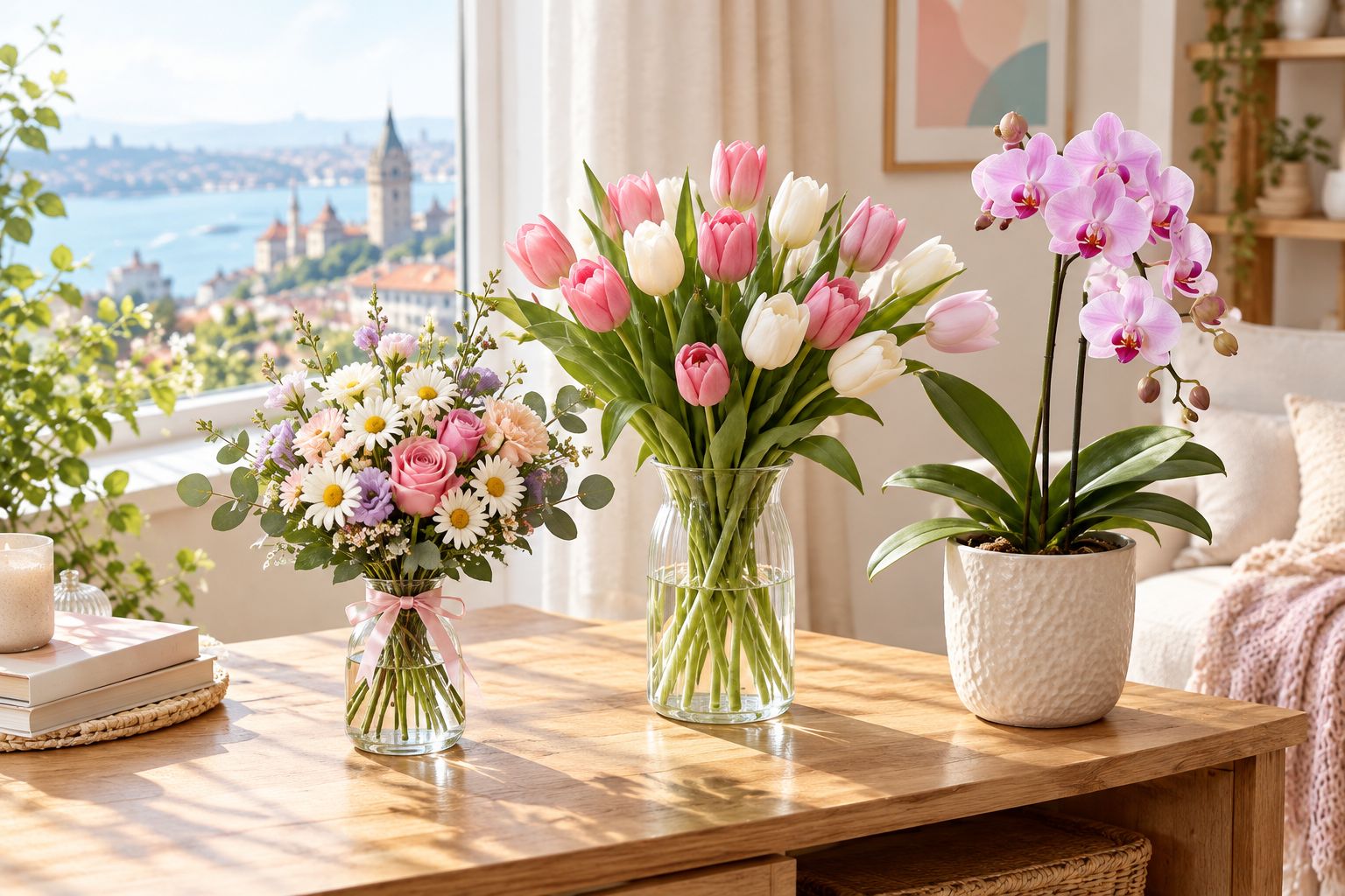 Compact mixed flowers, tulips and a potted orchid showing different gift shapes and table footprints.