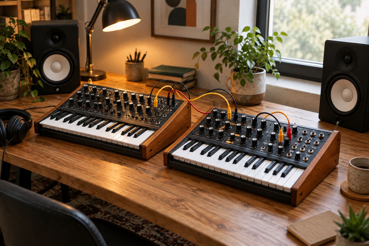 Two compact analog synthesizers connected with patch cables on a home studio desk