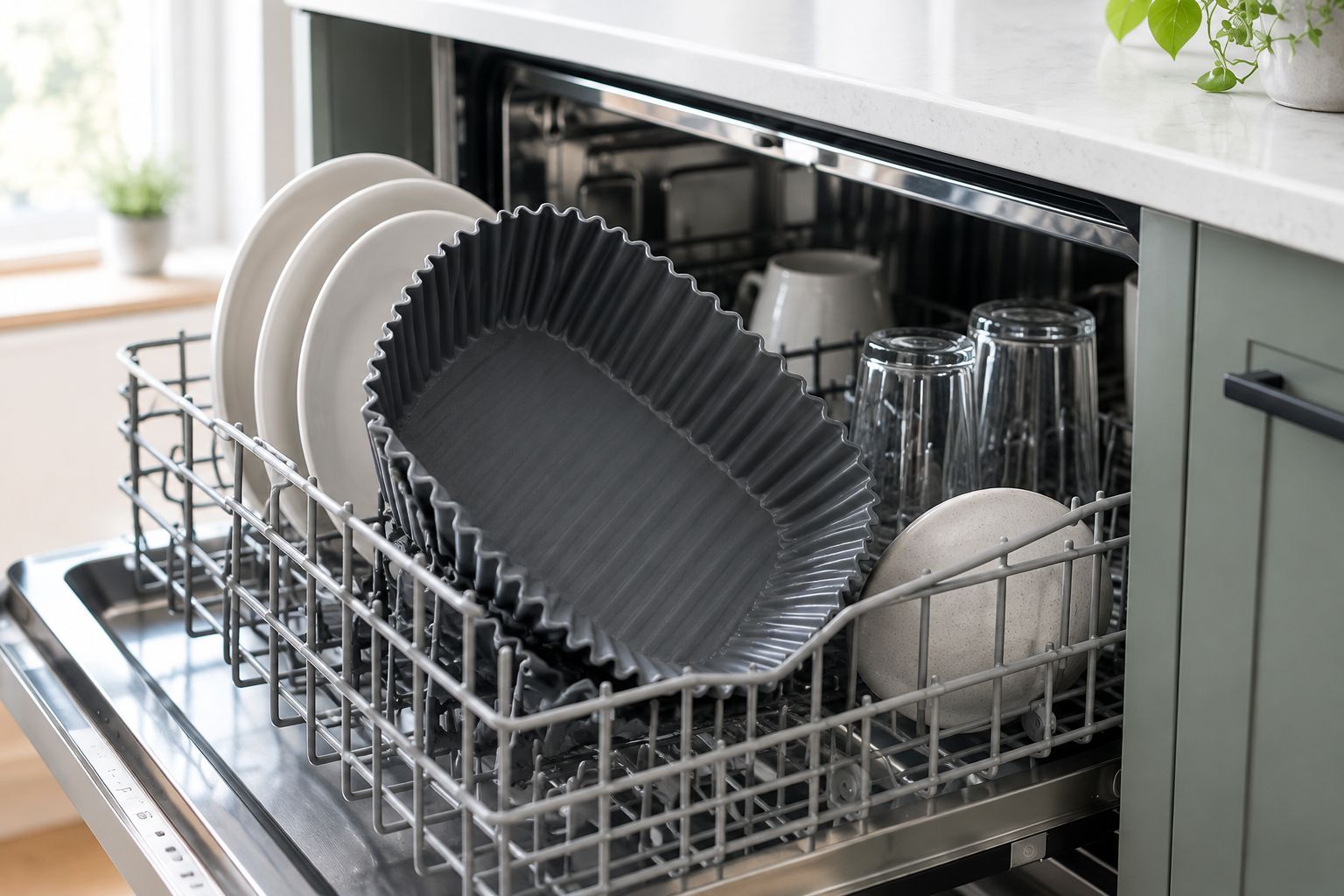Silicone air fryer liner angled in a dishwasher rack with its opening exposed for washing and drainage.