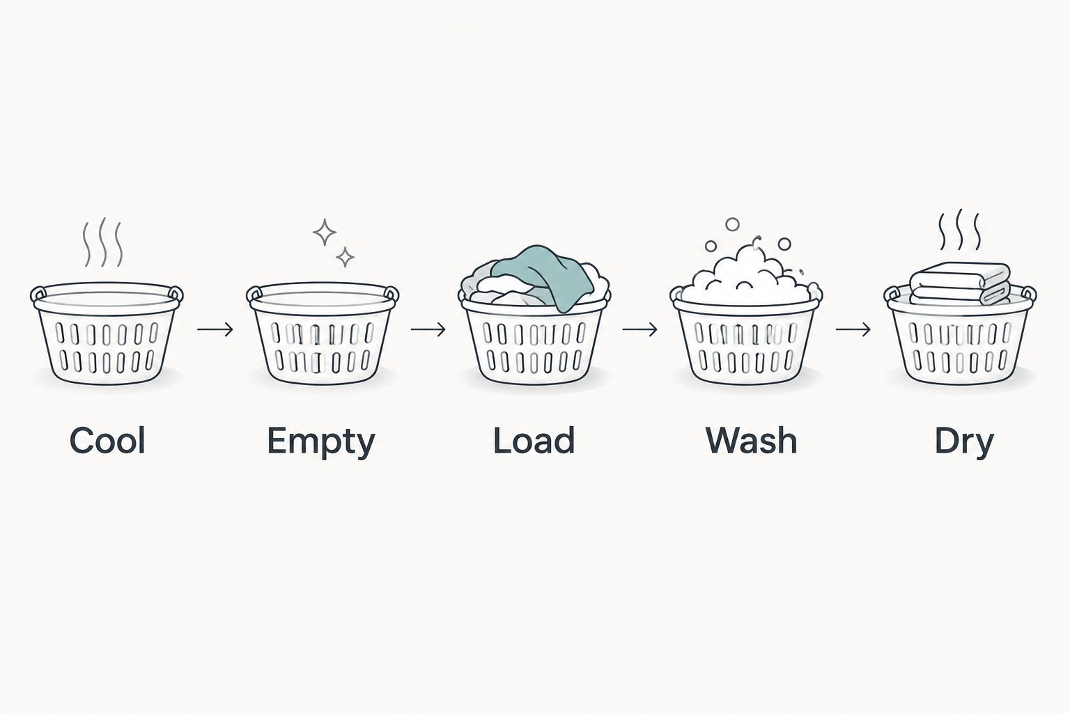 Five stages for cleaning a silicone liner: cool, empty, load, wash and dry.