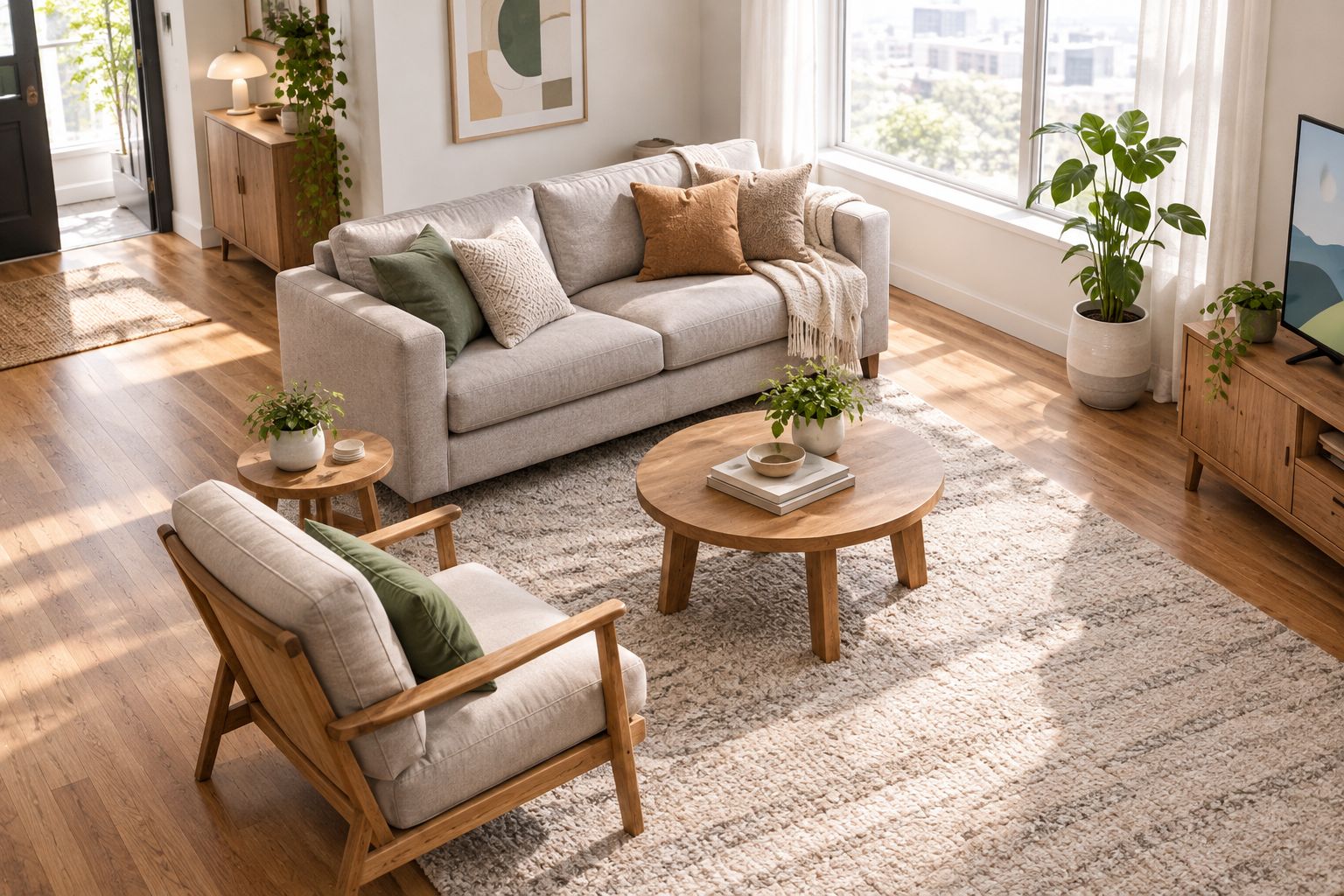 A living room with a sofa, separate armchair, and clear walking route