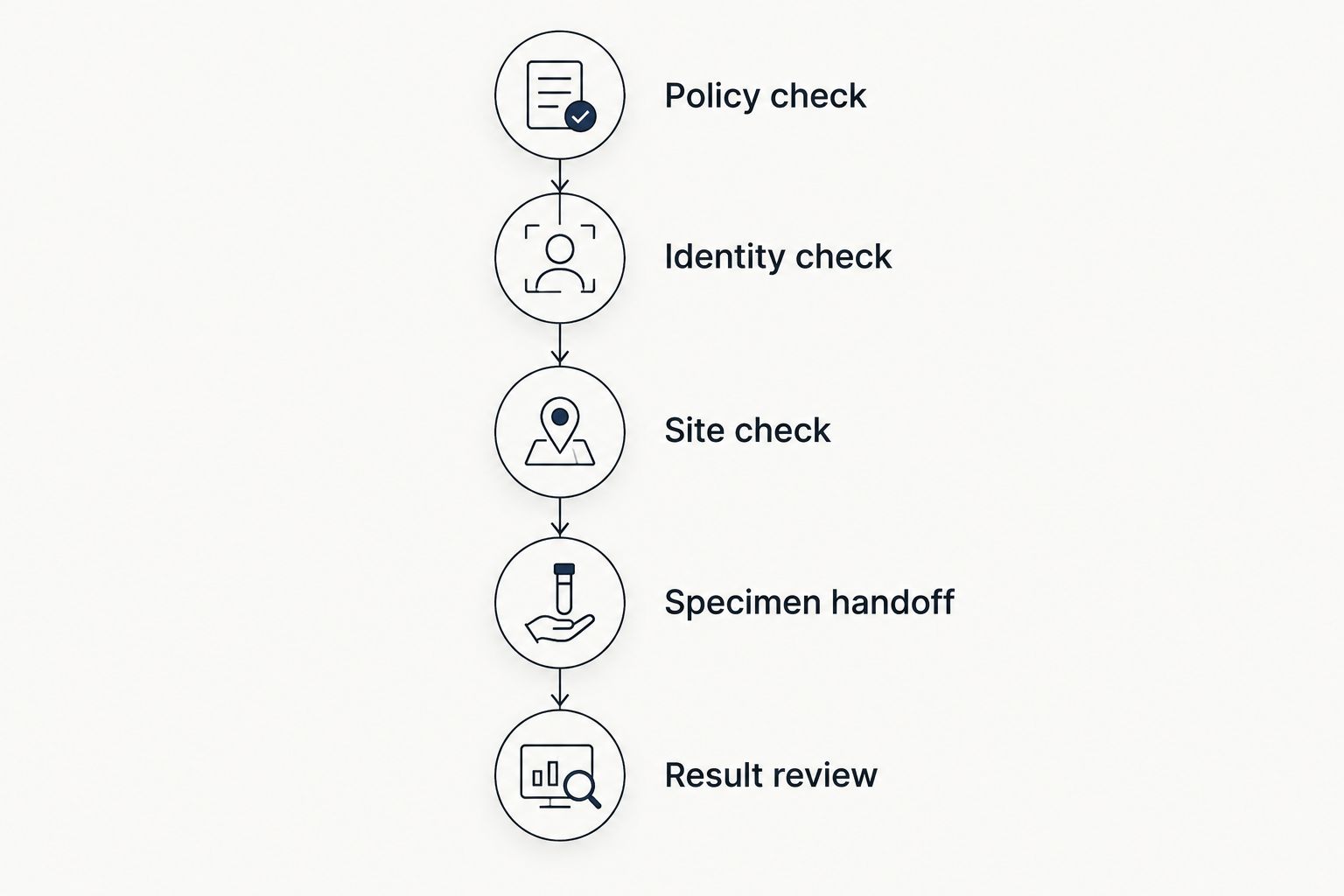 Five checks connecting testing policy, applicant identity, collection site, specimen handoff, and result review