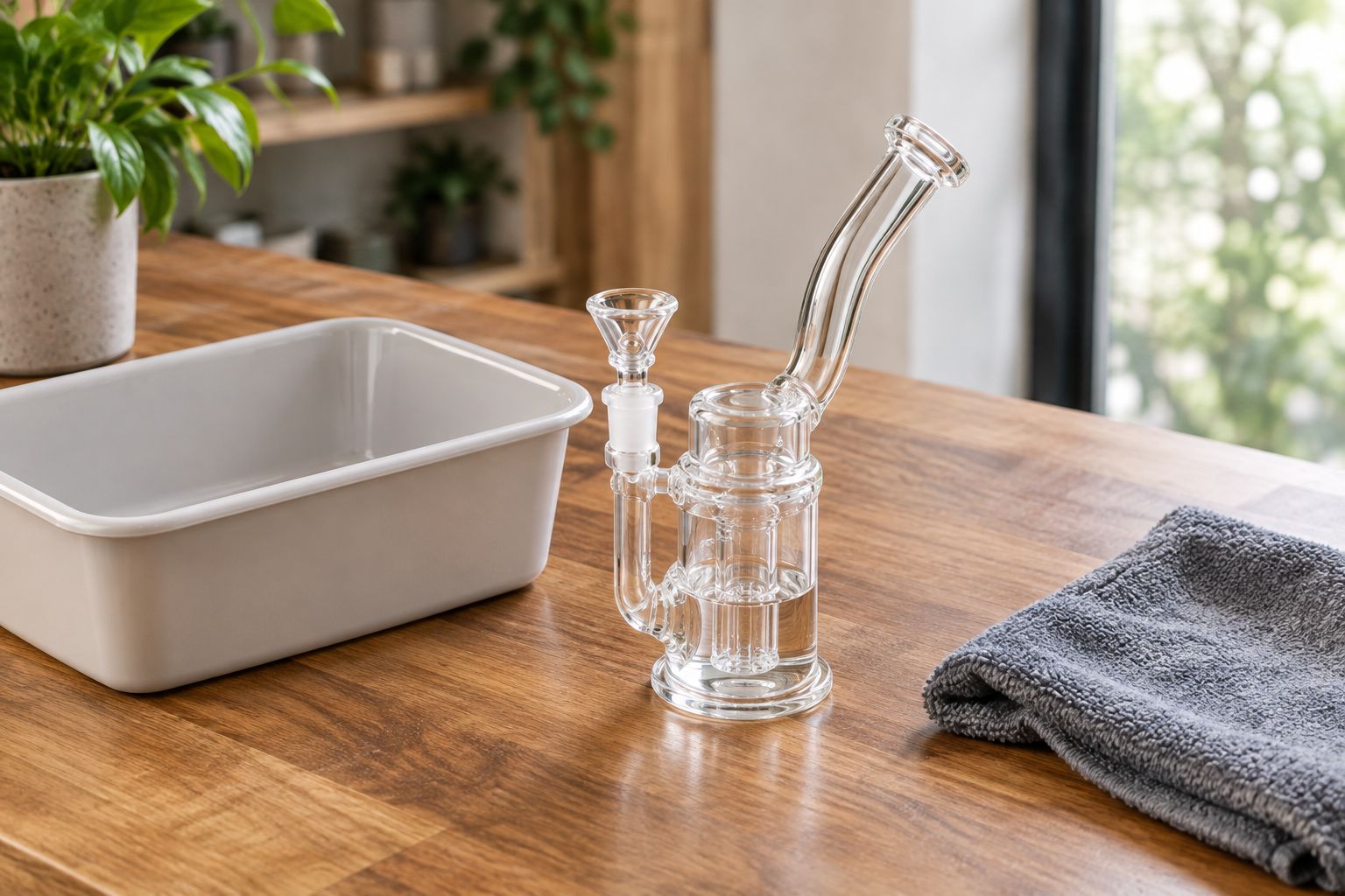 Compact glass bubbler beside a cleaning basin, showing bowl, chamber, and mouthpiece
