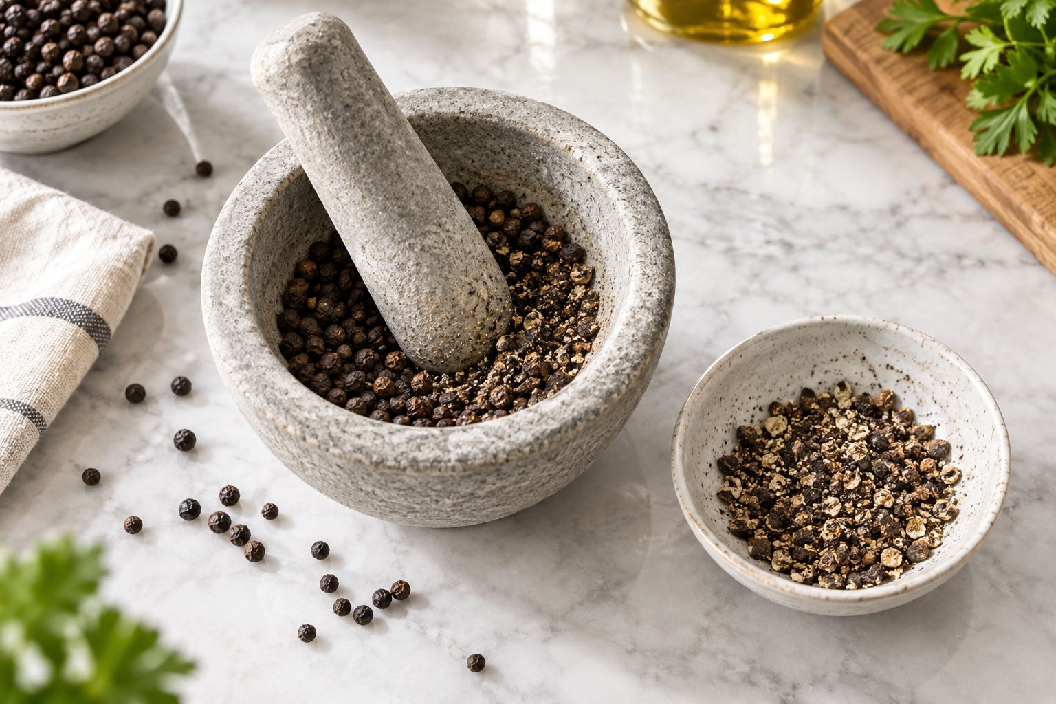 Peppercorns cracked in a mortar beside a bowl of coarse pepper fragments