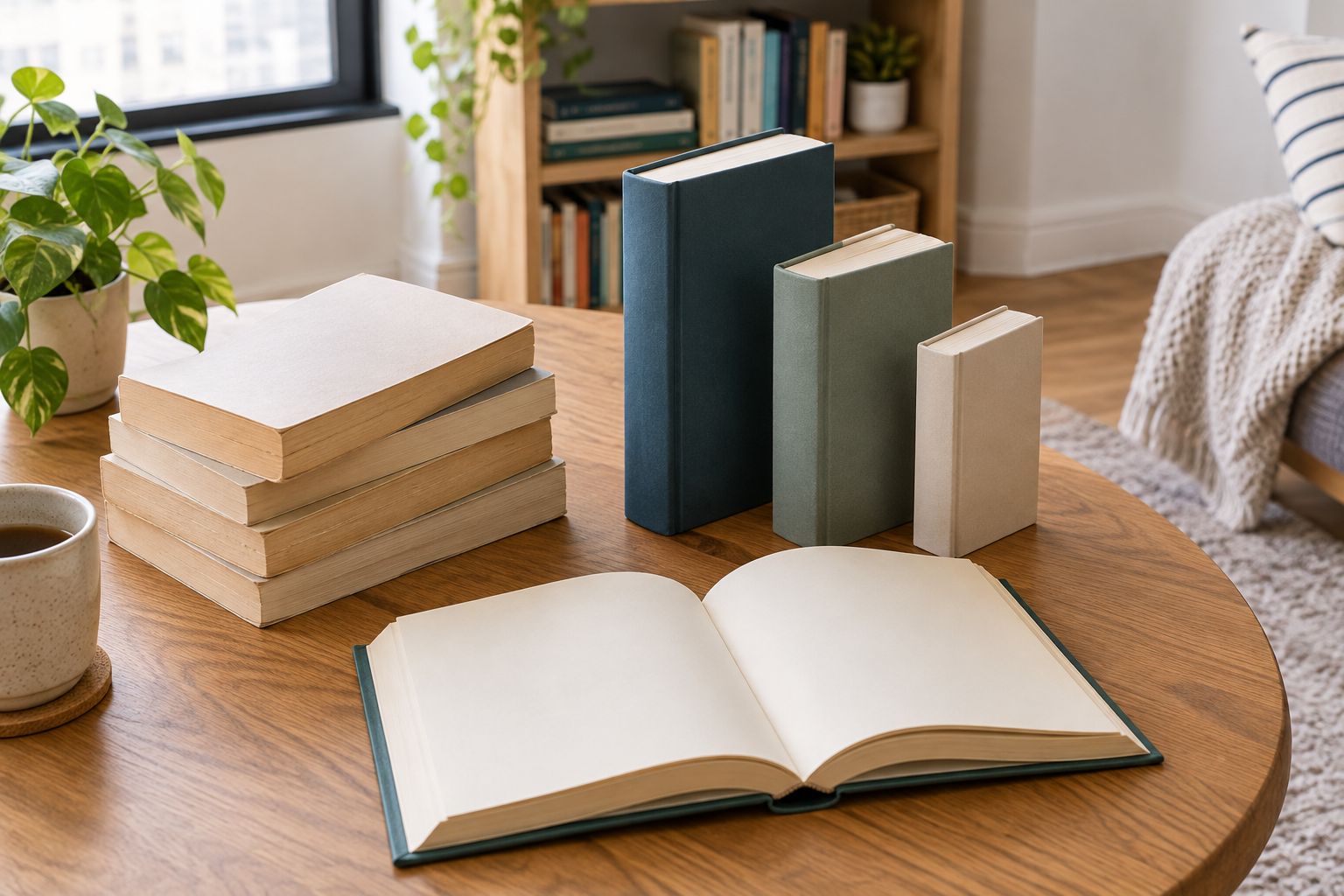 Used paperbacks and a hardcover showing different heights, spine thicknesses, and page layouts