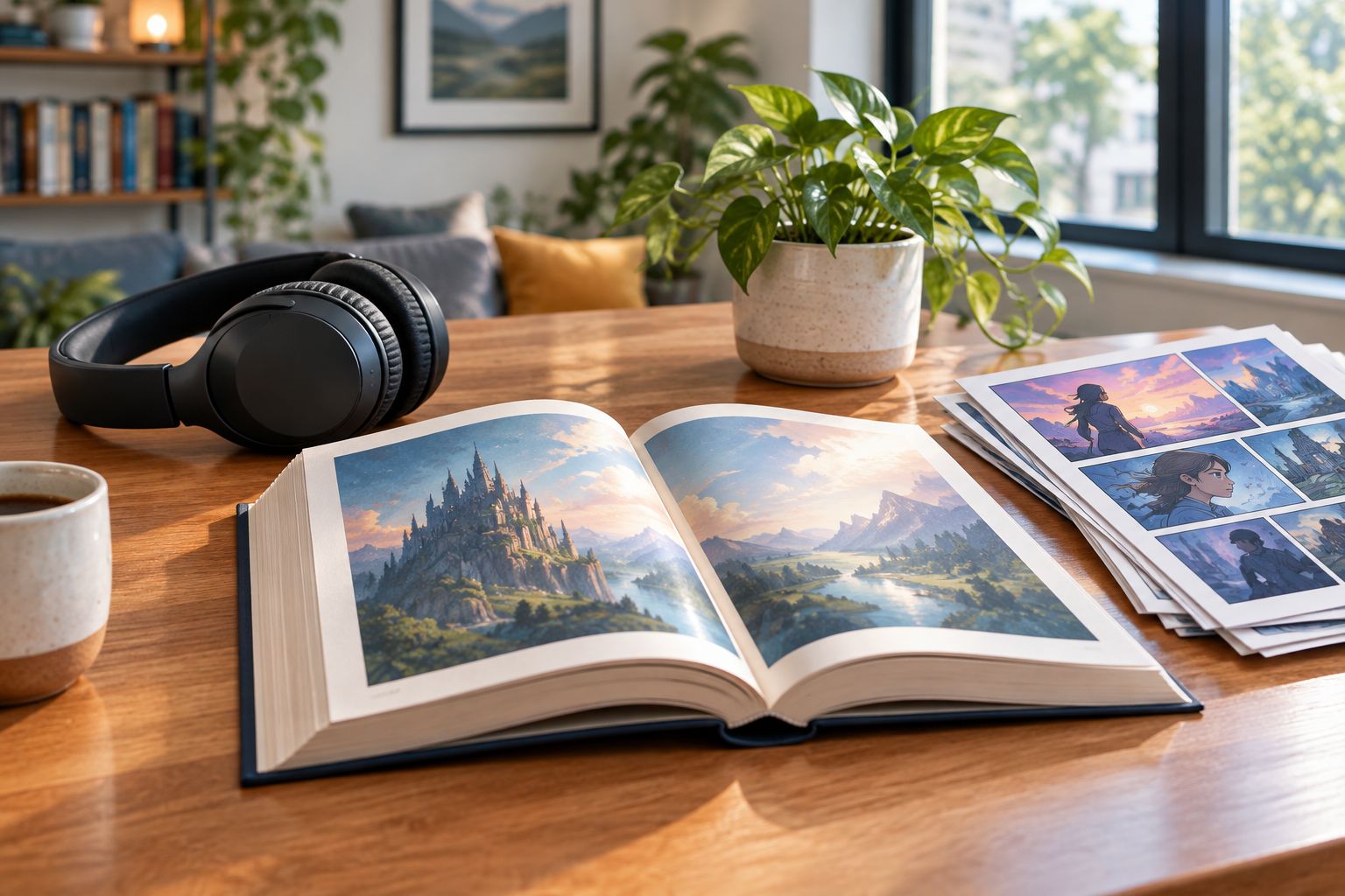 Printed book, headphones, and comic pages representing multiple story formats