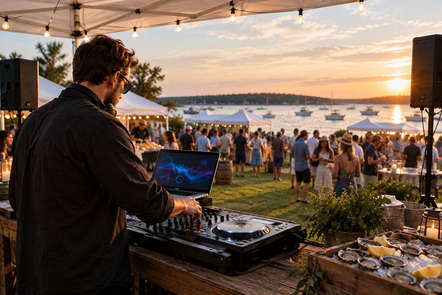 Outdoor DJ booth under a tent at a coastal Maine festival with vendor tents nearby