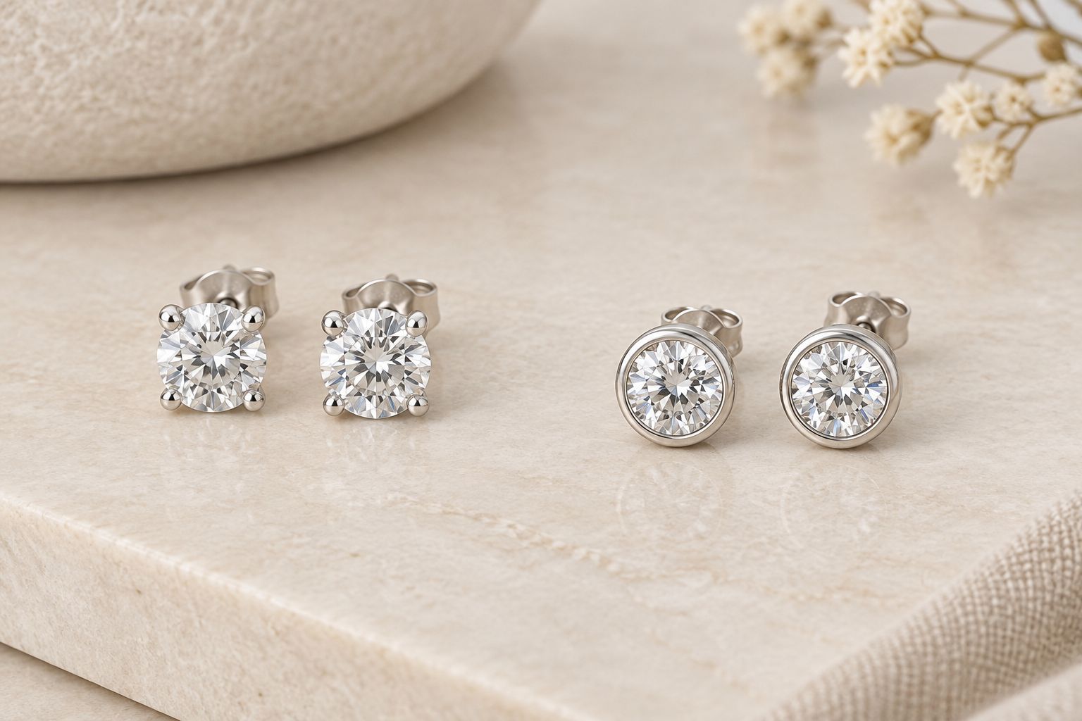 Round diamond studs showing separate prongs beside a continuous bezel rim