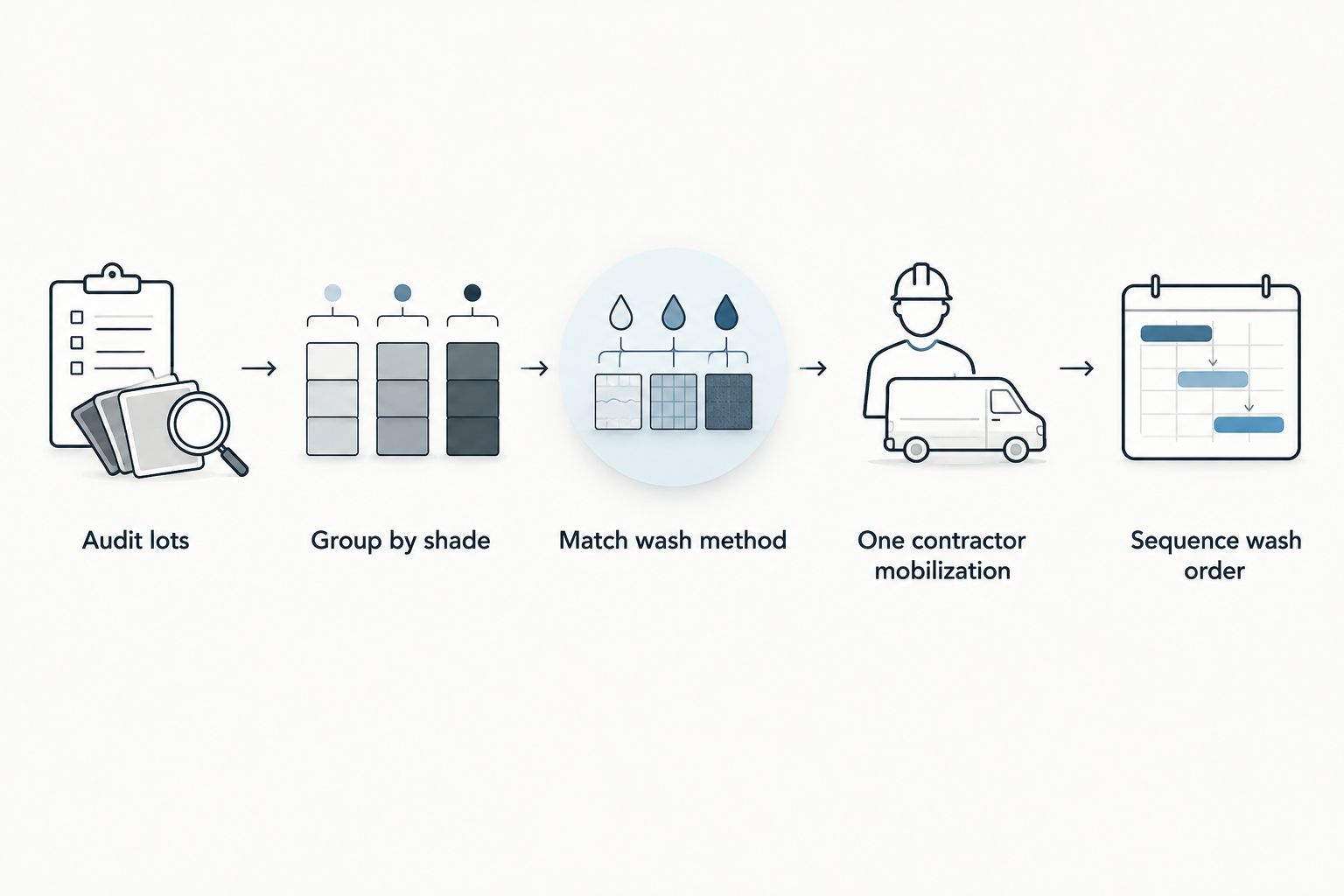 Five-step workflow for park-wide exterior cleaning scheduling