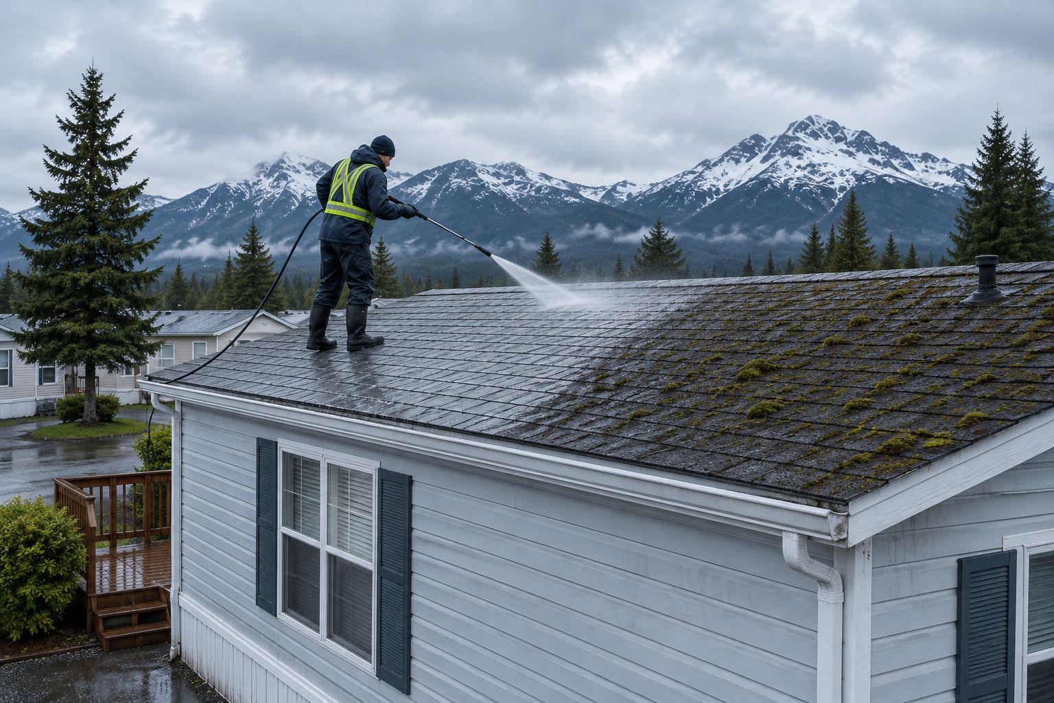 Soft wash cleaning removing moss from a manufactured home roof