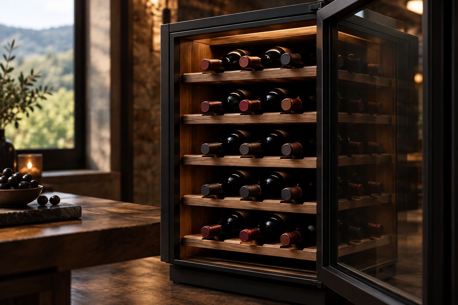 Unbranded wine bottles stored horizontally with clear access in a home wine cabinet