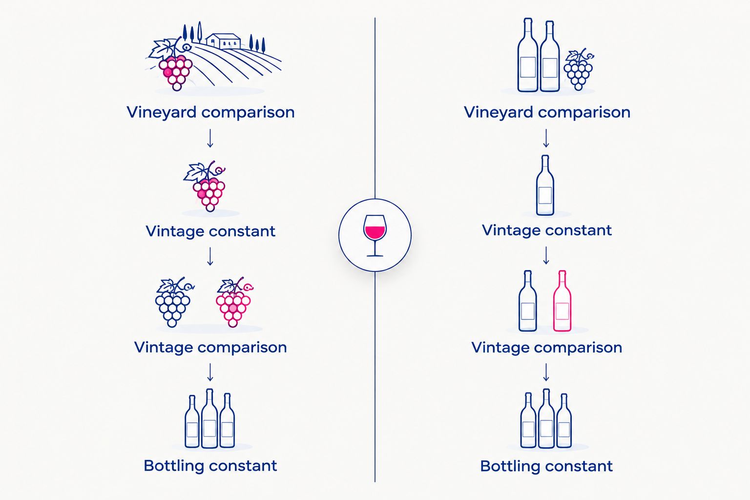 Two collecting methods: compare vineyards within a vintage or vintages within one bottling