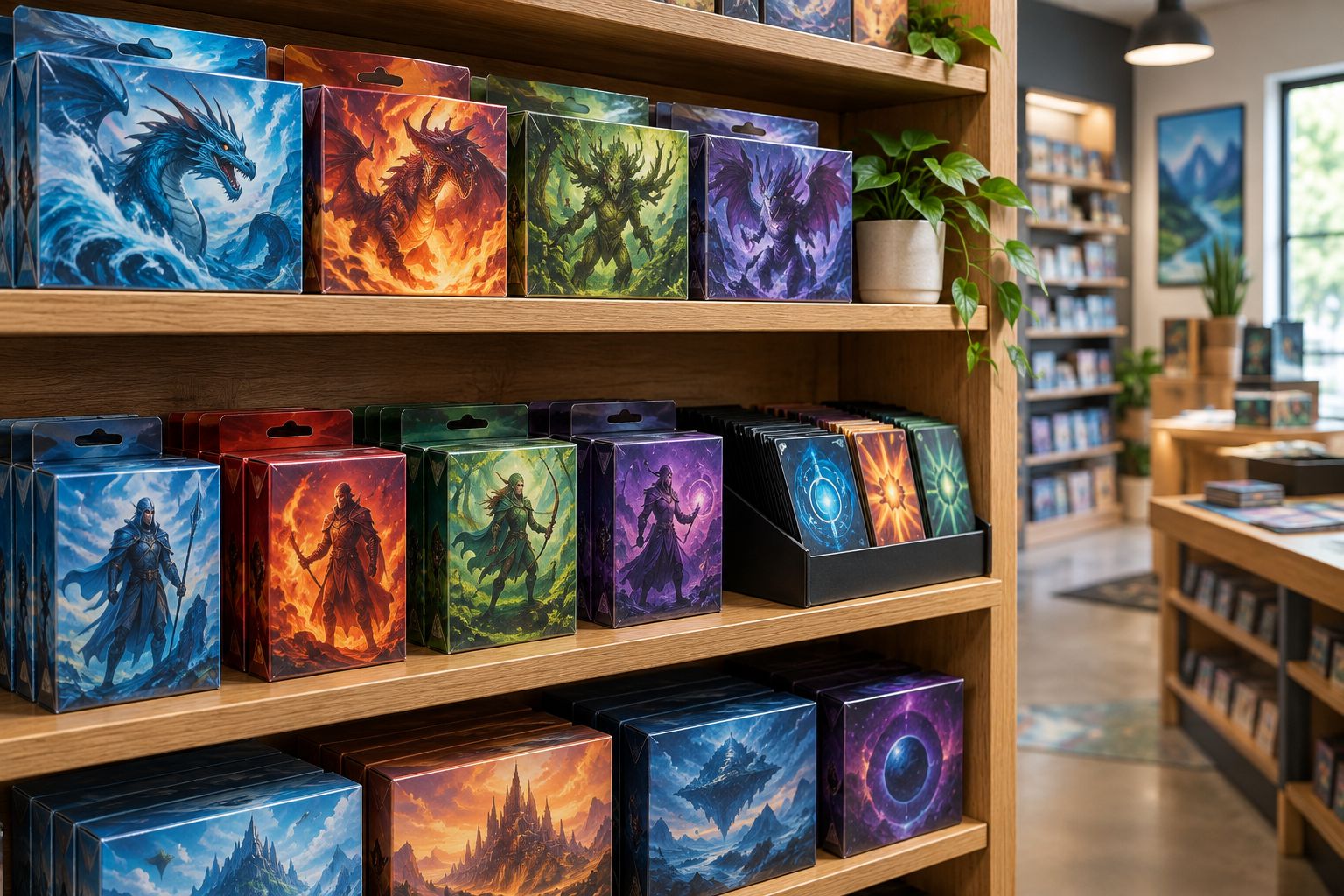 Shelf of trading card game booster boxes in a NZ hobby store