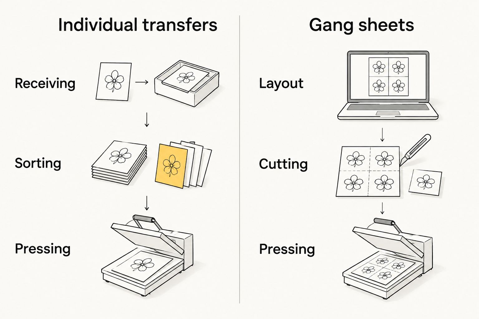 Side-by-side workflow comparison of individual transfers and gang sheets