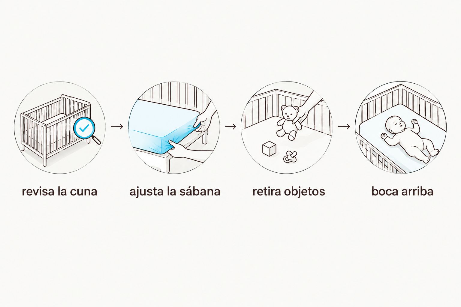 Secuencia para preparar una cuna: revisar, ajustar la sábana, retirar objetos y acostar boca arriba.
