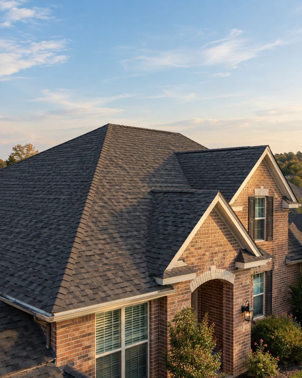 Asphalt shingle roof on a brick Charlotte home in soft evening light