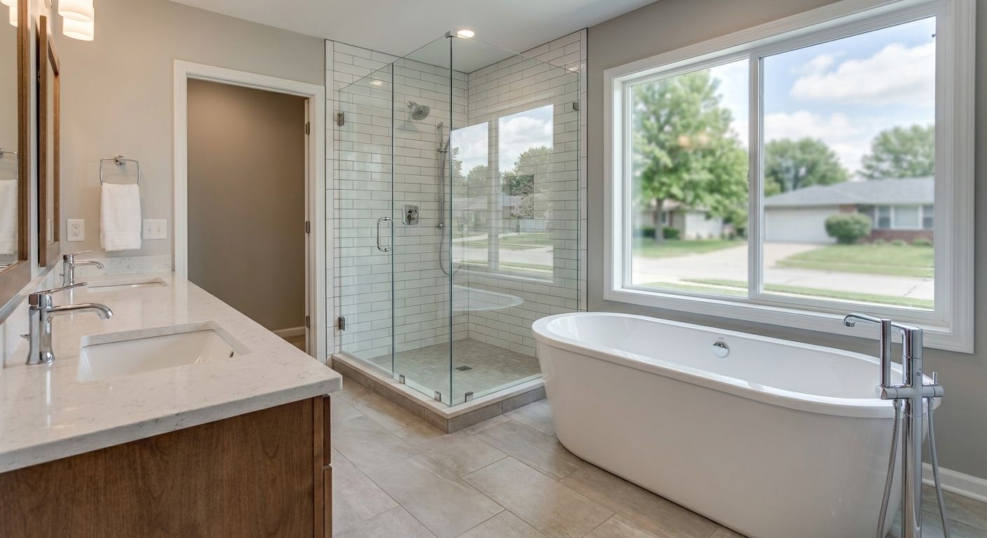 Bathroom with a glass-enclosed tile shower and separate bathtub, illustrating shower design options