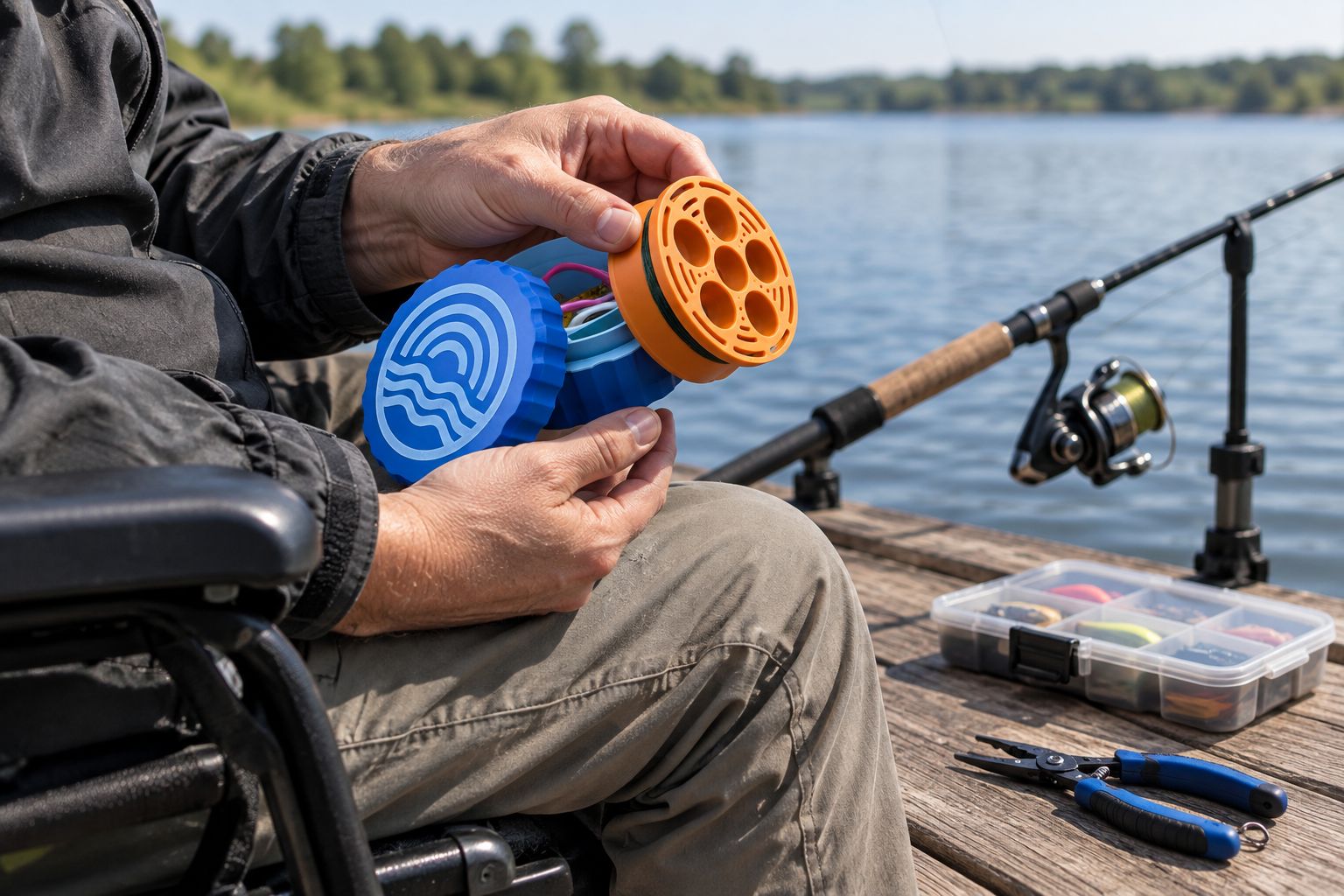 Seated angler using a rodless hand reel with tackle placed within reach