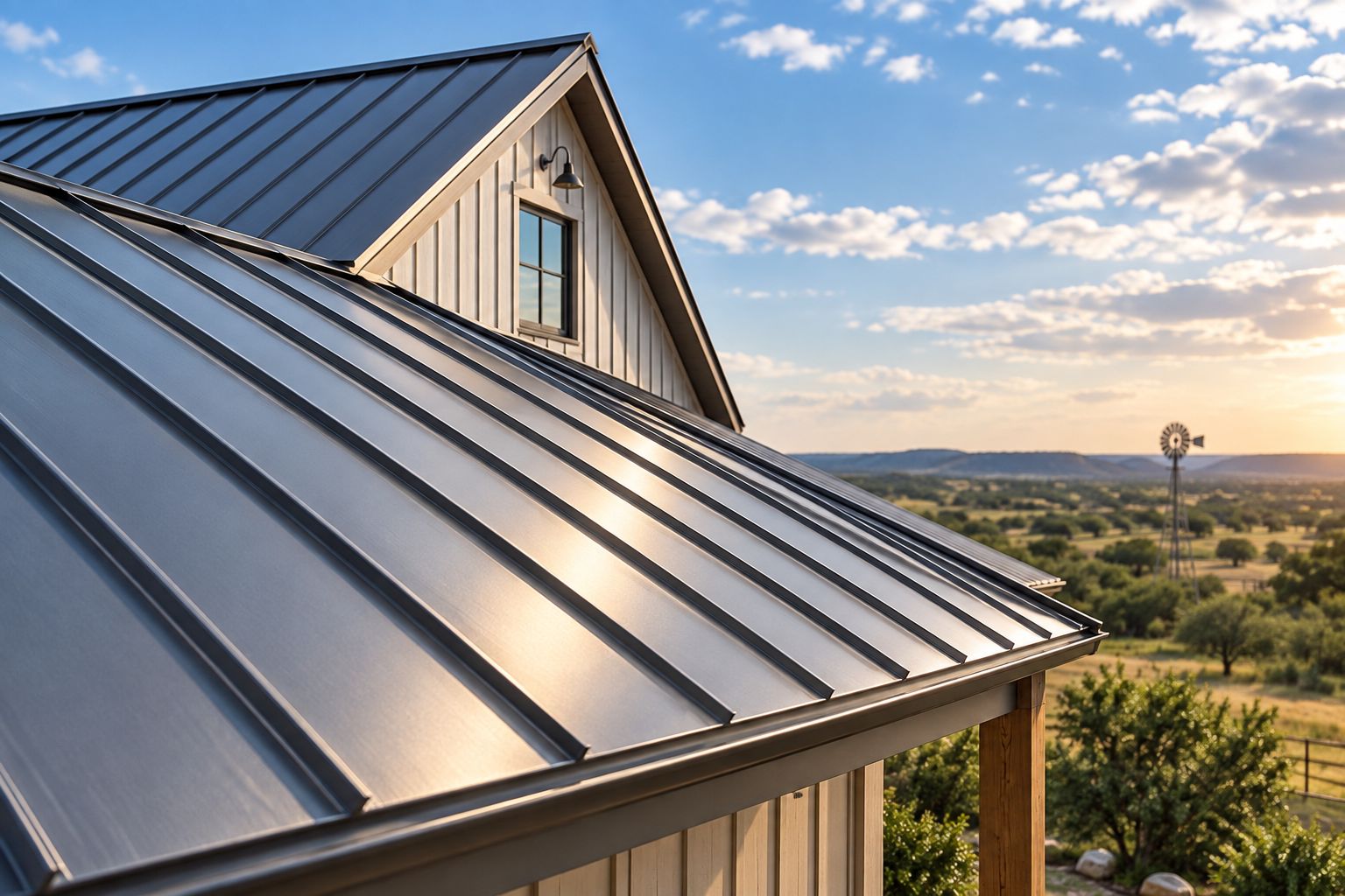 Close-up of a standing seam metal roof panel on a barn building