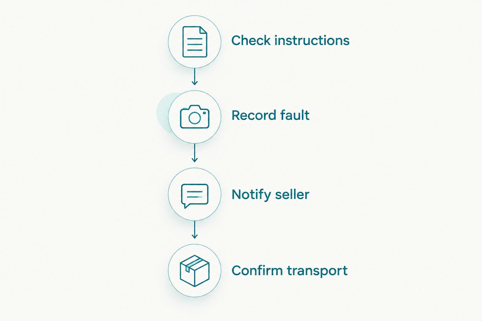 Return sequence: check instructions, record the fault, notify the seller and confirm transport
