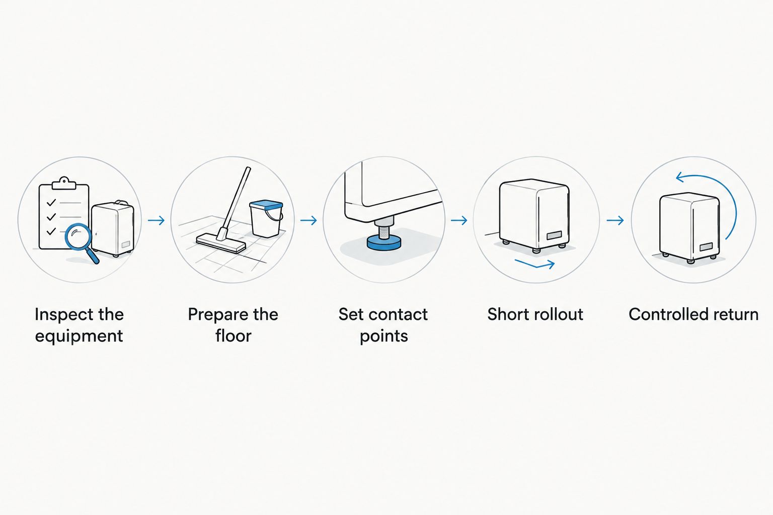 A setup sequence from inspecting an ab roller to practicing a short rollout and controlled return.