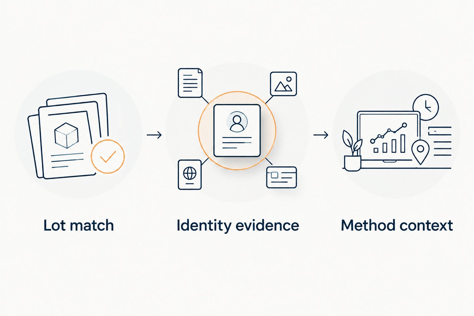 Three certificate review checks: lot match, identity evidence, and method context