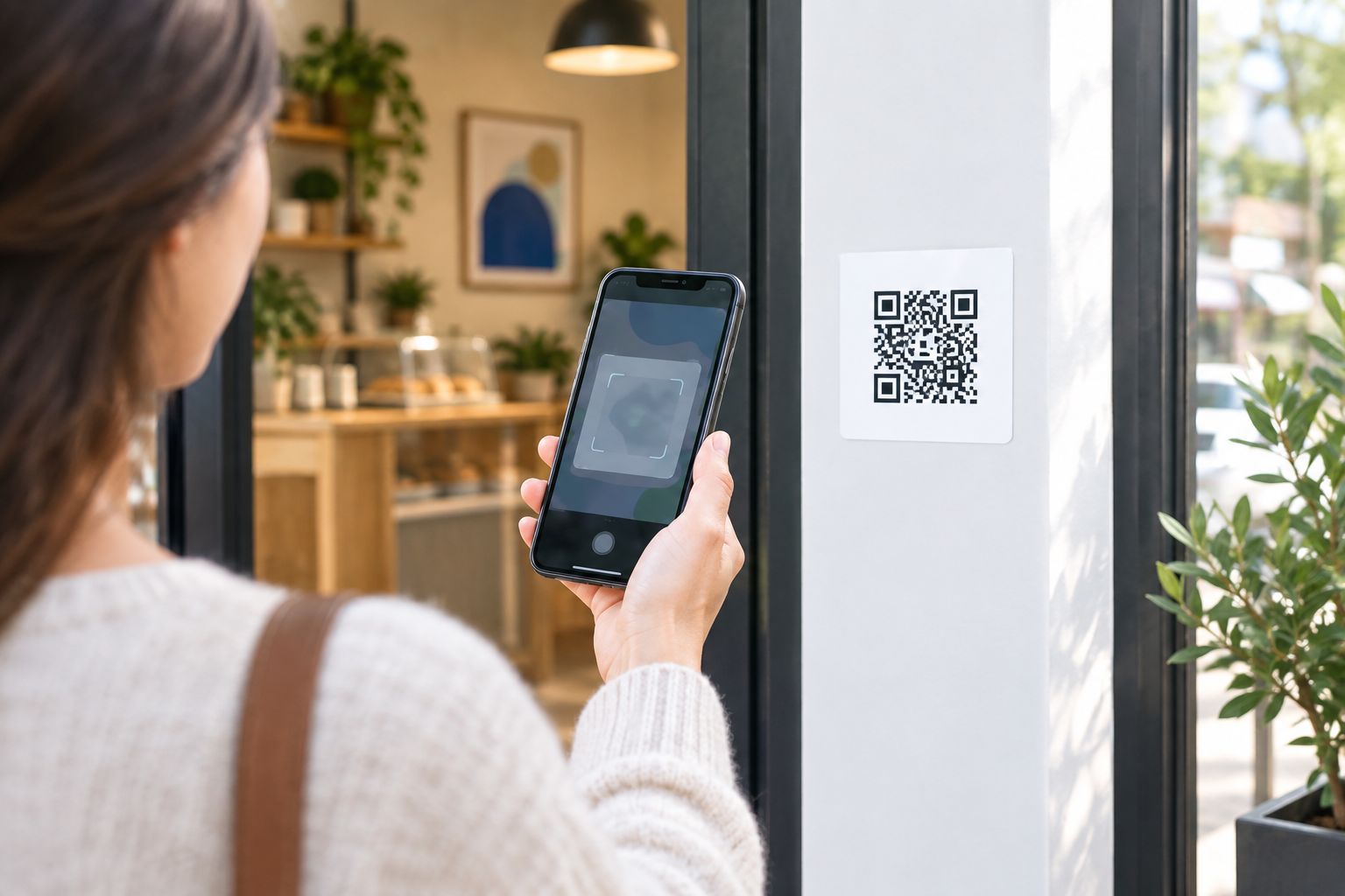 Customer scanning a QR decal on a flat panel beside a storefront entrance