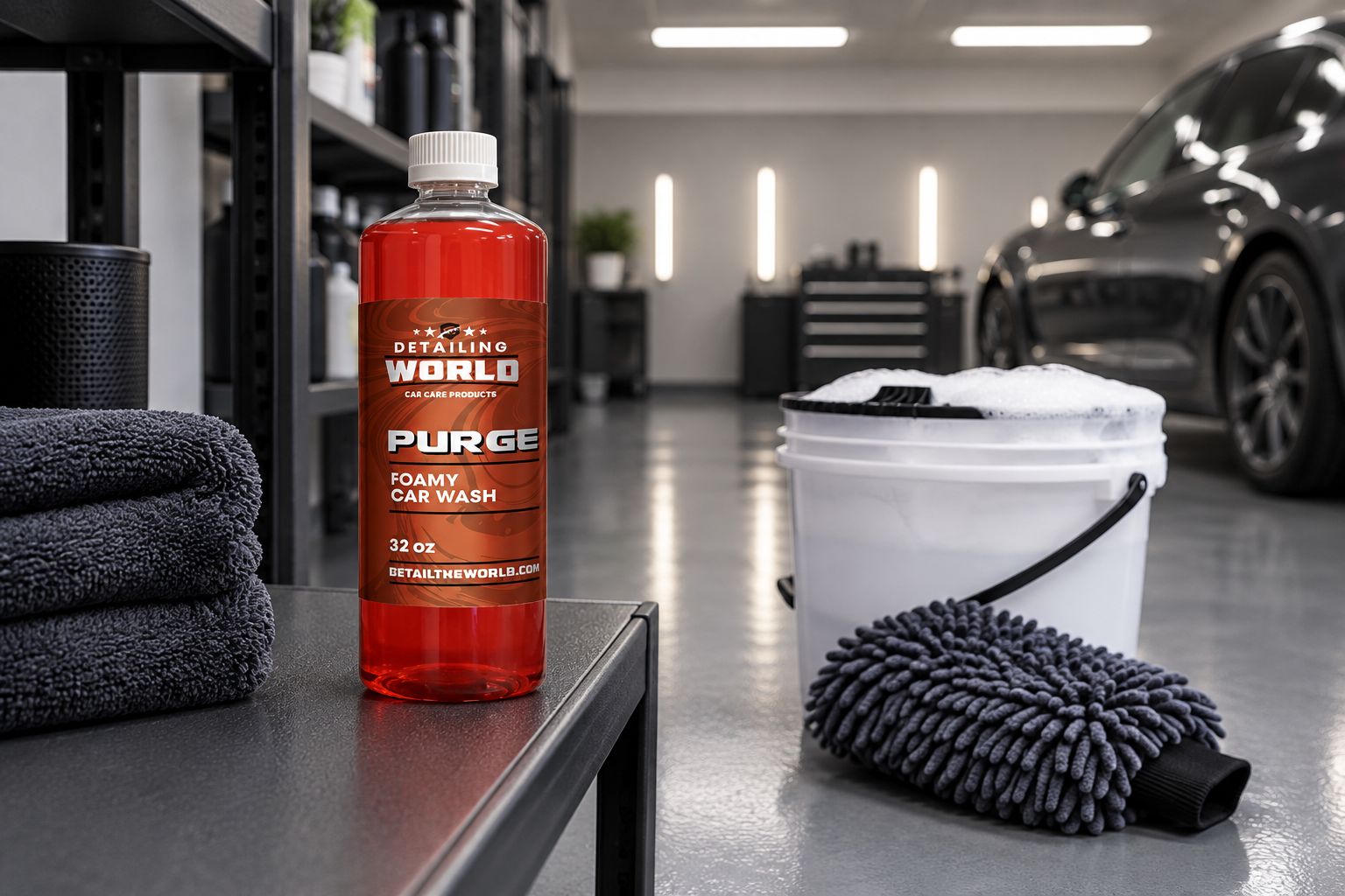 Bottle of Detailing World Purge Orange Hi-Suds Car Soap in an enclosed indoor detail bay
