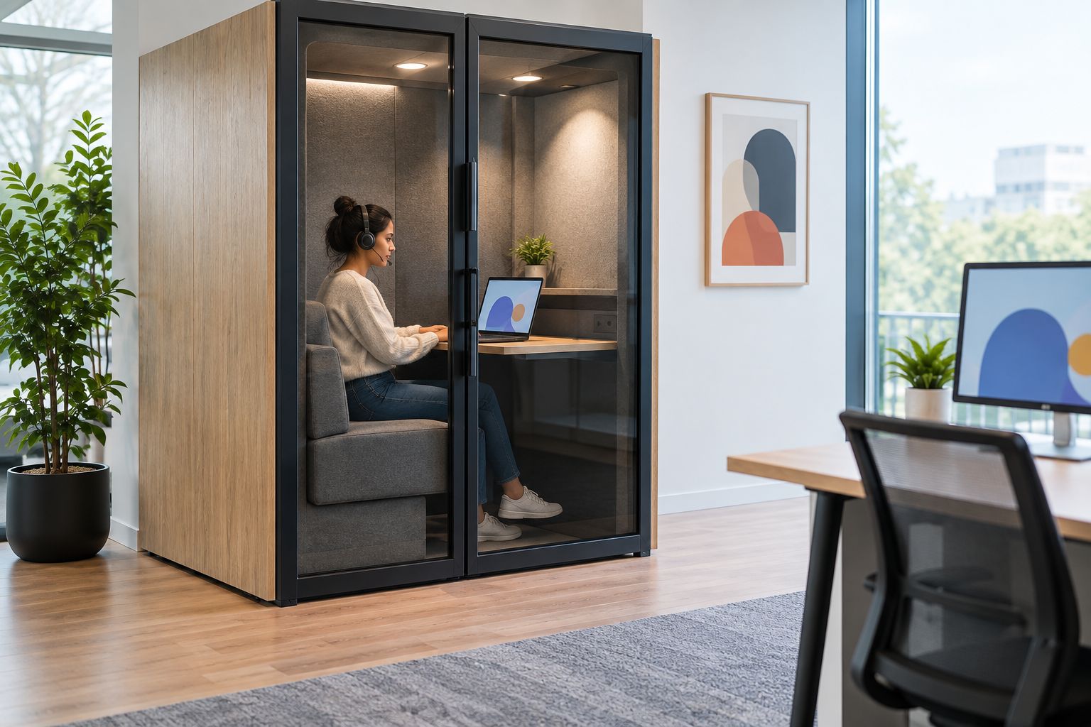 A person using a laptop and headset inside a generic acoustic office booth