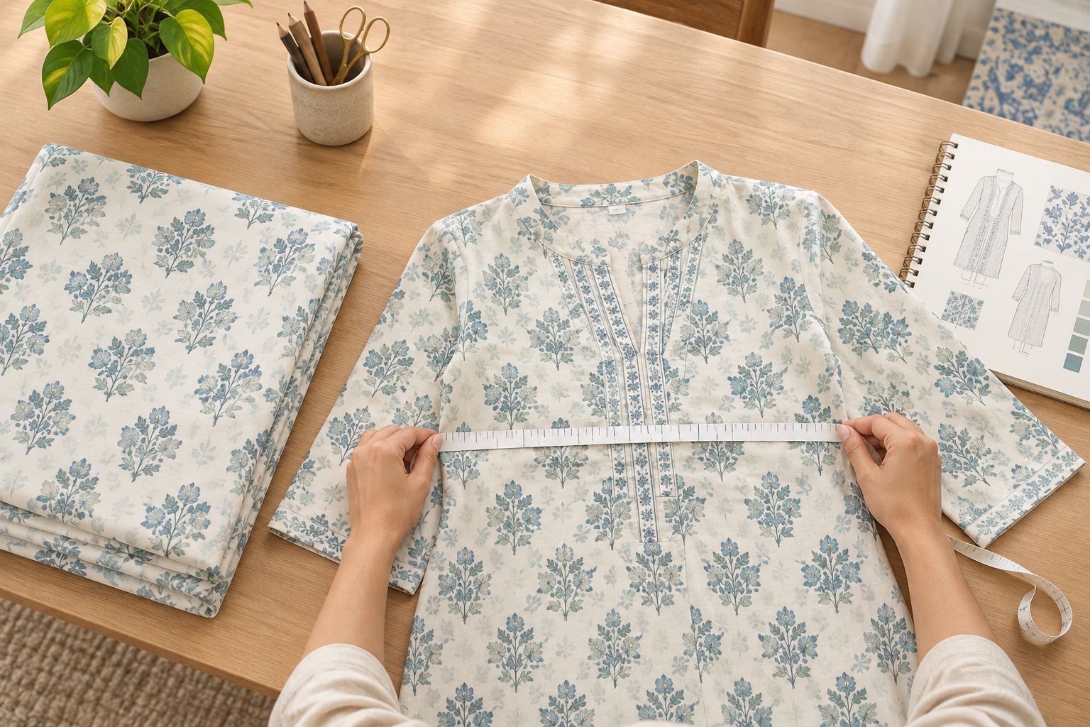 A kurta laid flat beside cotton fabric for checking garment measurements