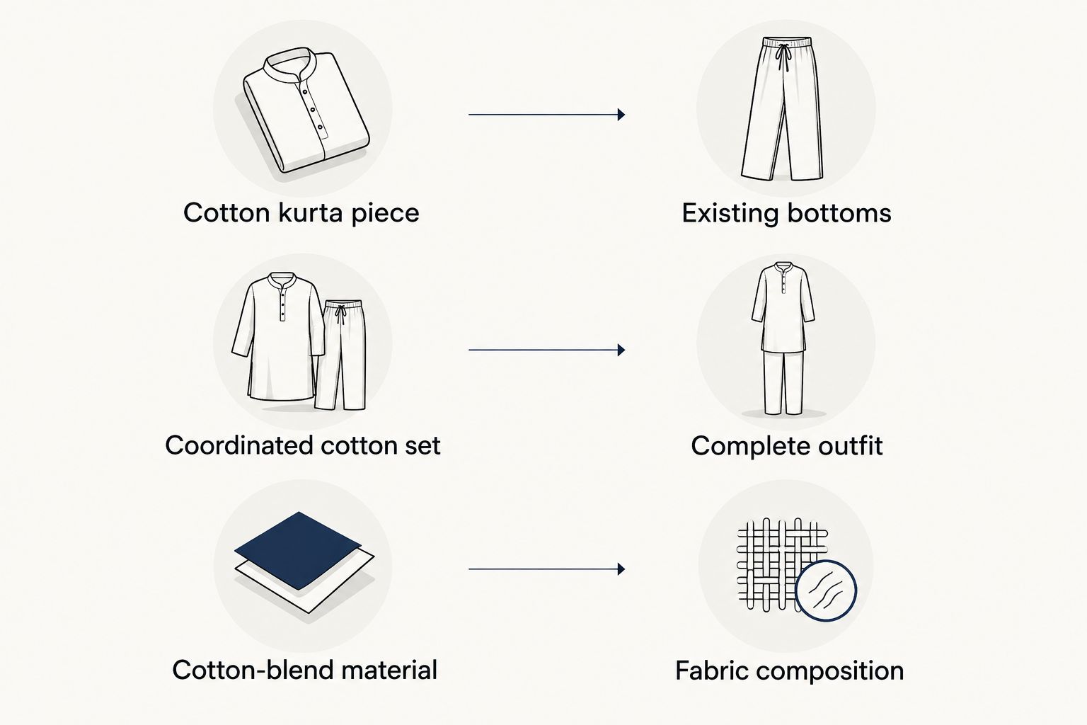 Comparison of a cotton kurta piece, coordinated cotton set and cotton-blend material