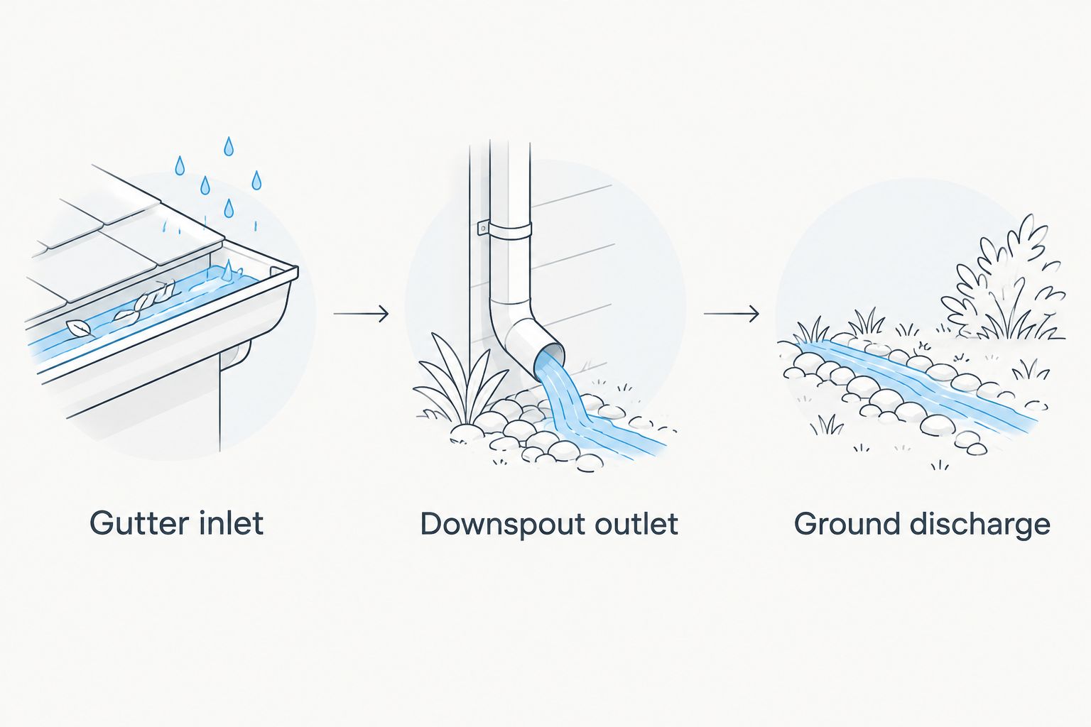 Drainage path from the gutter inlet through the downspout outlet to ground discharge