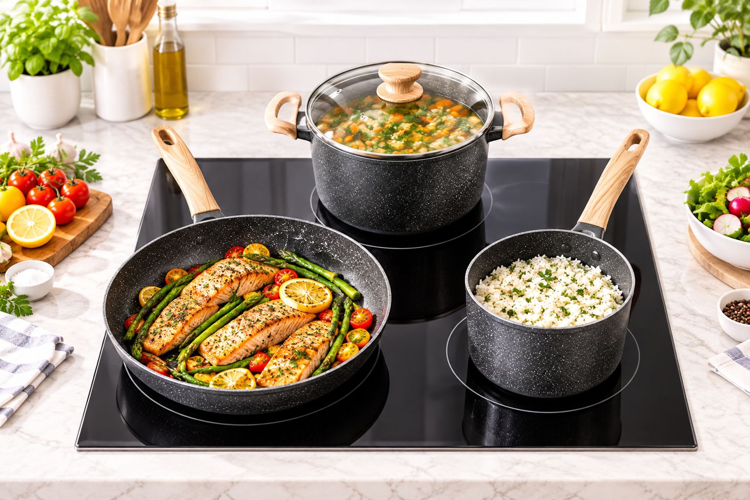 Different pan sizes arranged on a home cooktop with room between handles and neighboring vessels